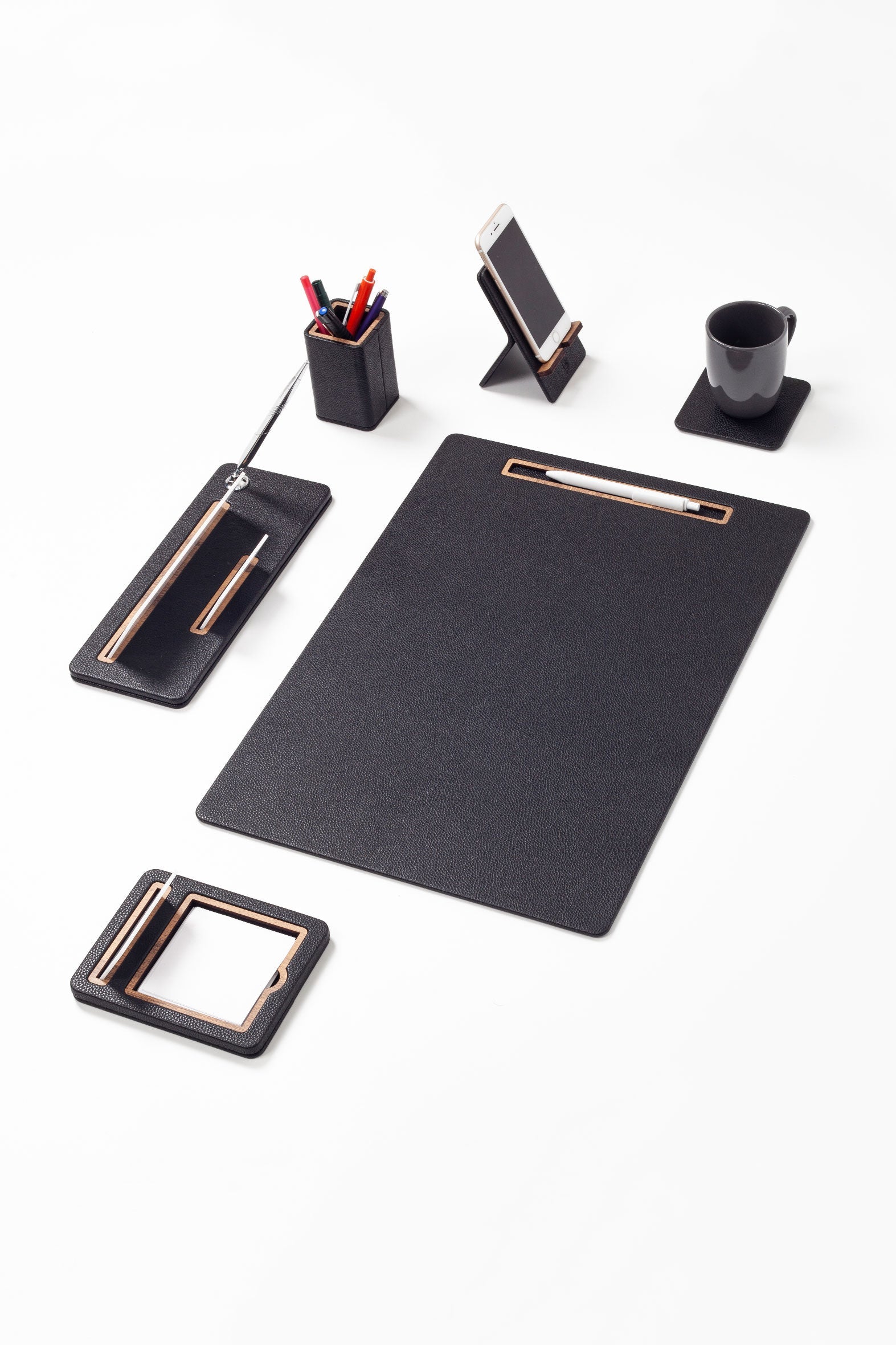 Cavalli Vertical Slatted Leather Desk Set Black 6 Pcs