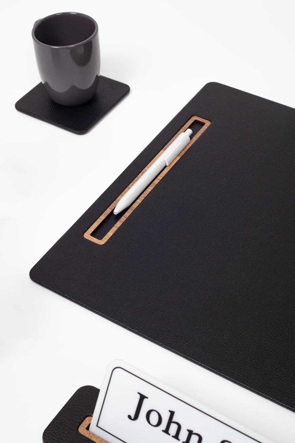 Alya Vertical Slatted Leather Desk Set Black 6 Pcs