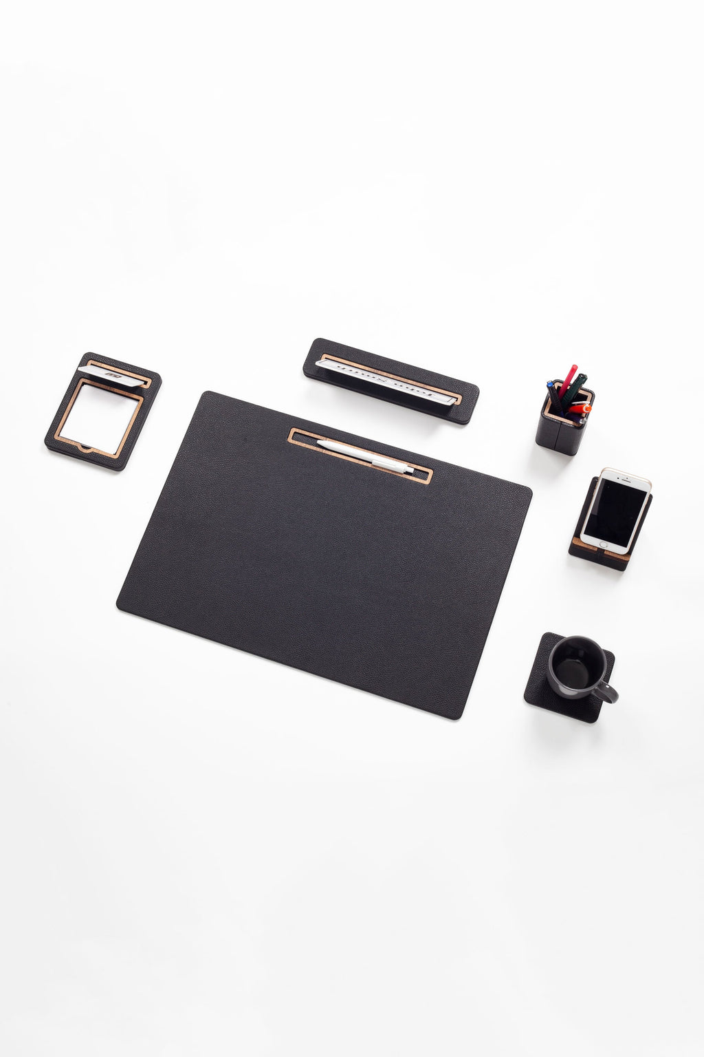 Alya Horizontal Slatted Leather Desk Set Black 6 Pcs