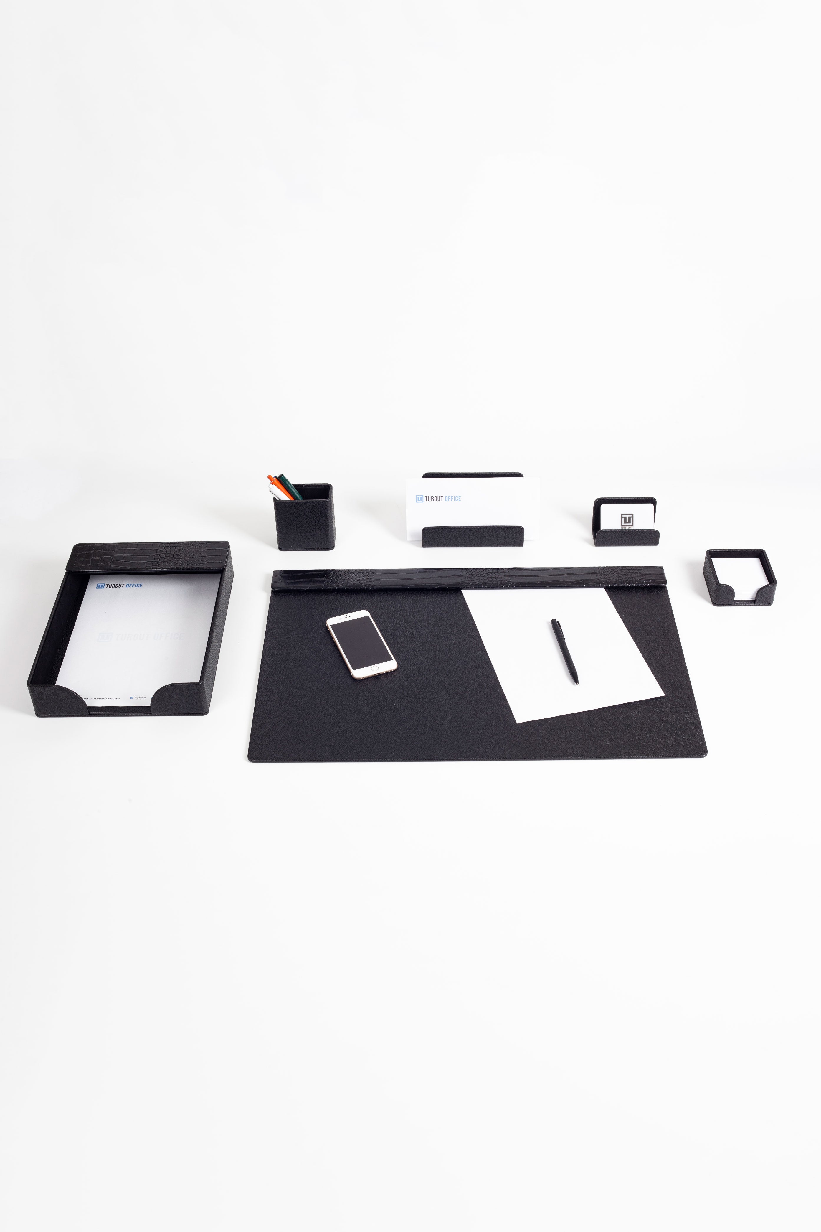 Loft Leather Desk Set Black 6 Pieces Horizontal Coroco Detailed