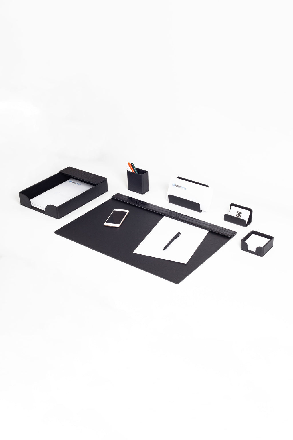 Loft Leather Desk Set Black 6 Pieces Horizontal Coroco Detailed