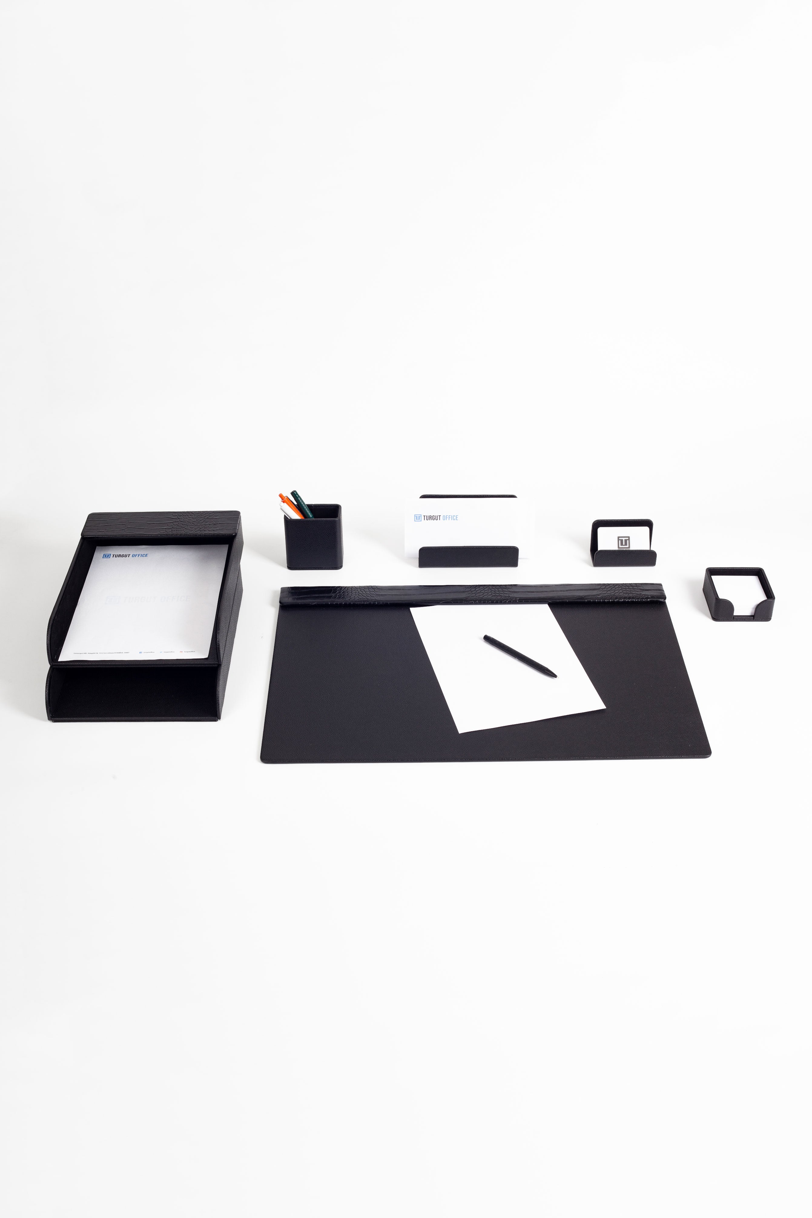 Loft Leather Desk Set Black 7 Pieces Horizontal Coroco Detailed