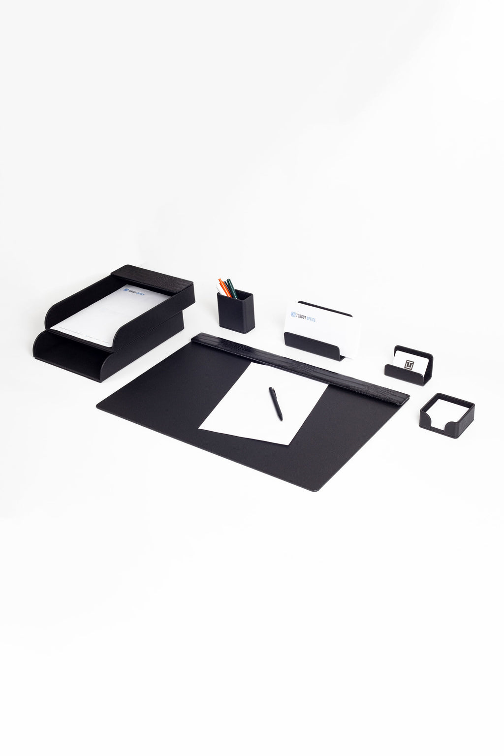 Loft Leather Desk Set Black 7 Pieces Horizontal Coroco Detailed