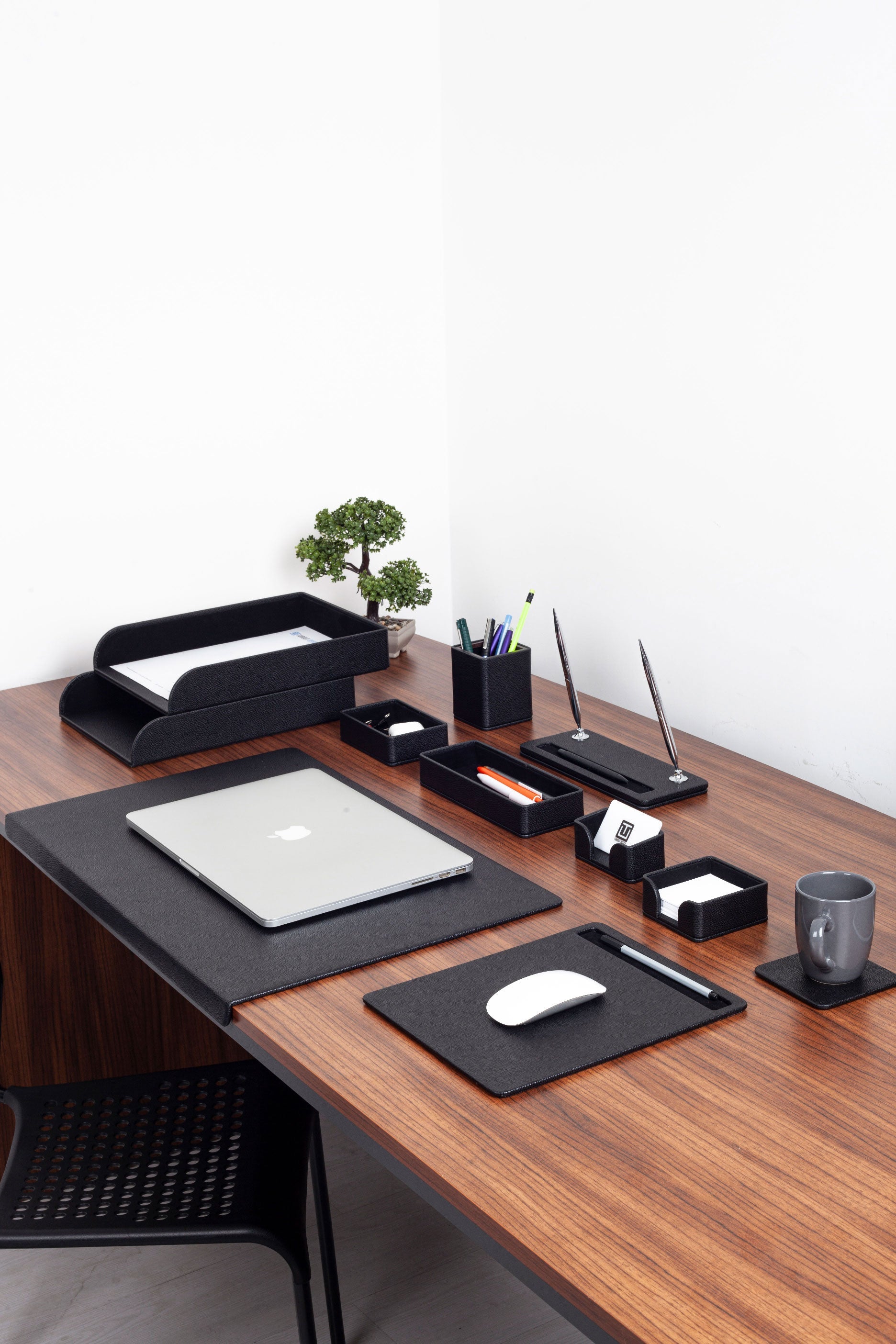 Roma Edge Leather Desk Set Black 11 Pieces With Double Document Shelf