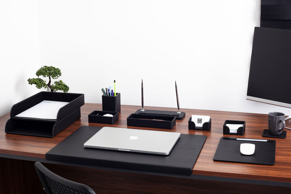 Roma Edge Leather Desk Set Black 11 Pieces With Double Document Shelf