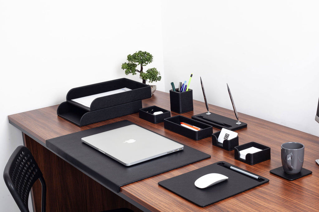Roma Edge Leather Desk Set Black 11 Pieces With Double Document Shelf