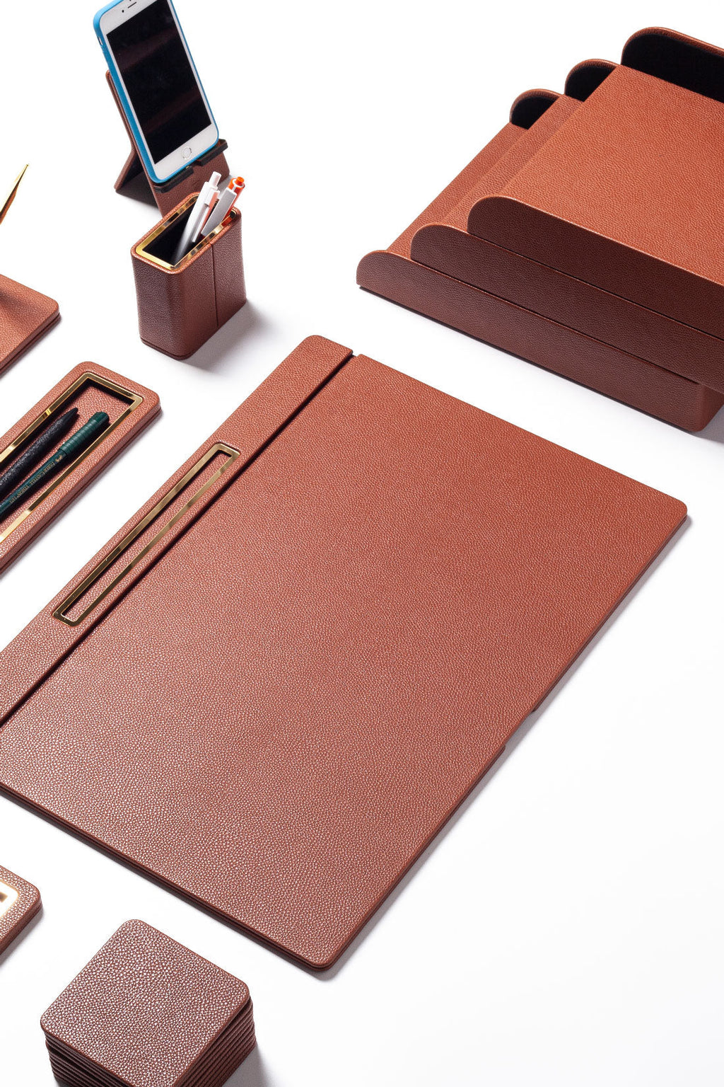 Capella Leather Desk Set Tan 11 Pieces Covered Model With Three Document Shelves