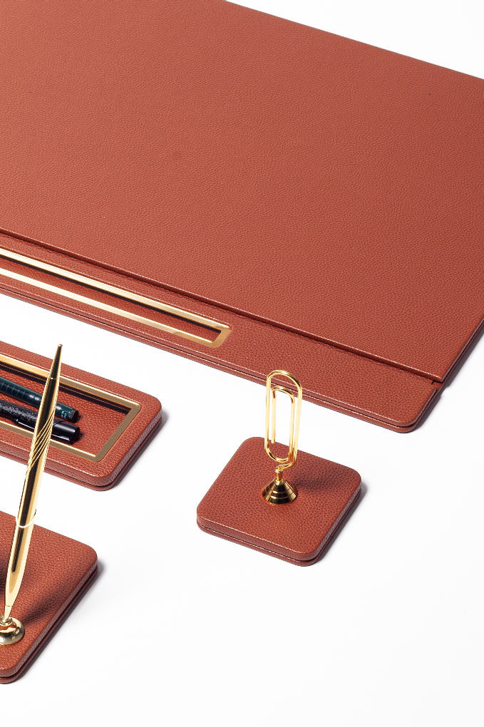 Capella Leather Desk Set Tan 11 Pieces Covered Model With Three Document Shelves