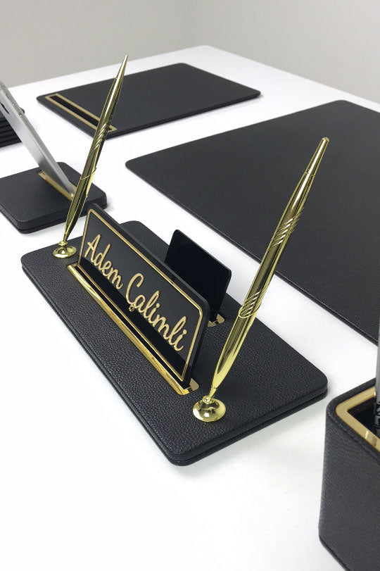 Capella Leather Desk Set Black Gold Detailed 7 Pieces