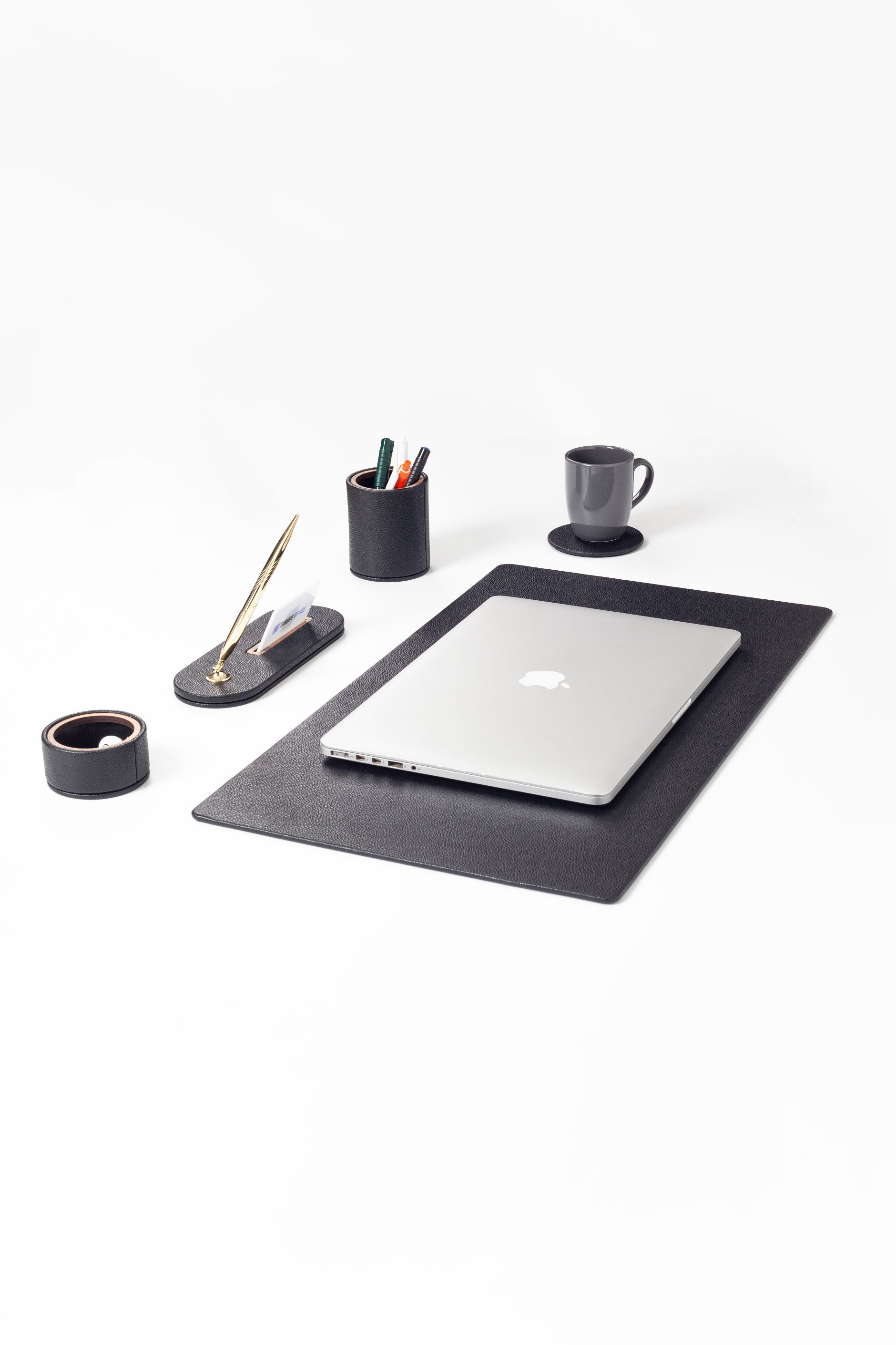 Polo Plus Leather Desktop Set Black 5 Pieces Wooden Detailed