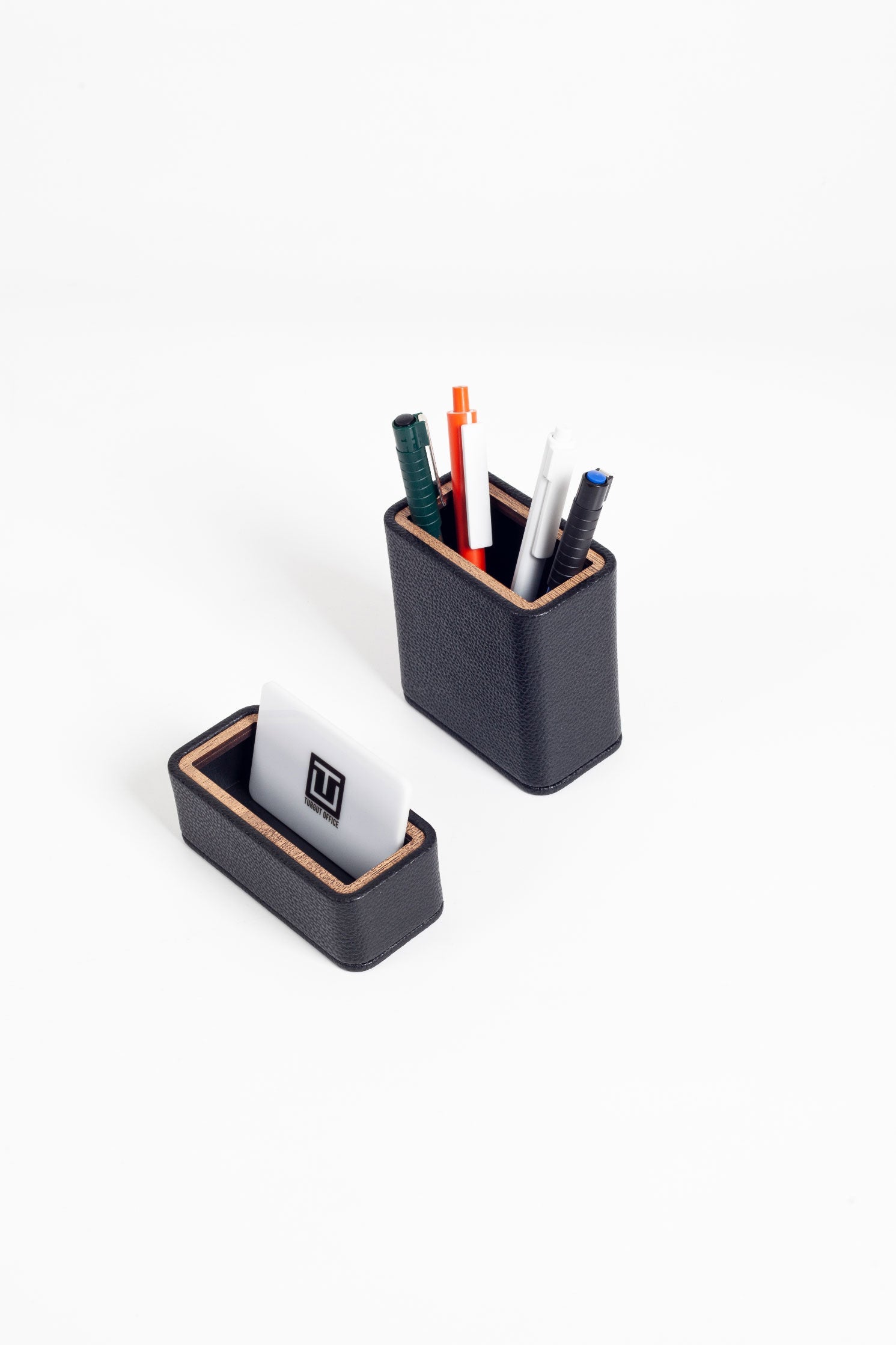 Capella Leather Desktop Set Black 2 Pieces Wooden Detailed