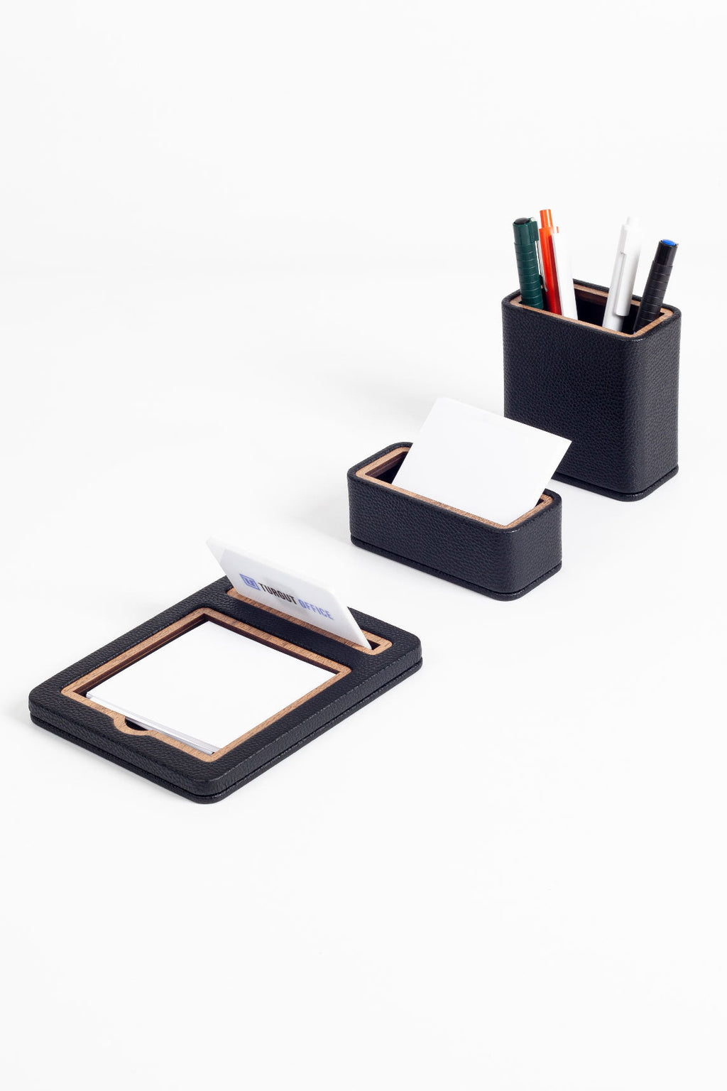 Capella Leather Desktop Set Black 3 Pcs. Wooden Detailed