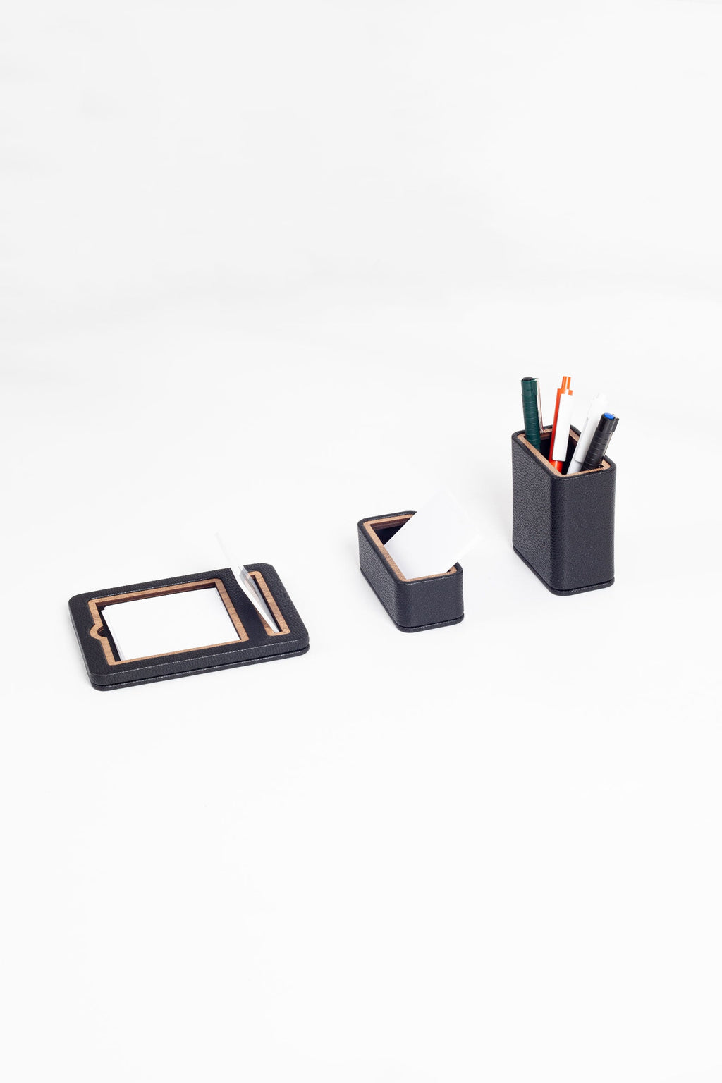 Capella Leather Desktop Set Black 3 Pcs. Wooden Detailed