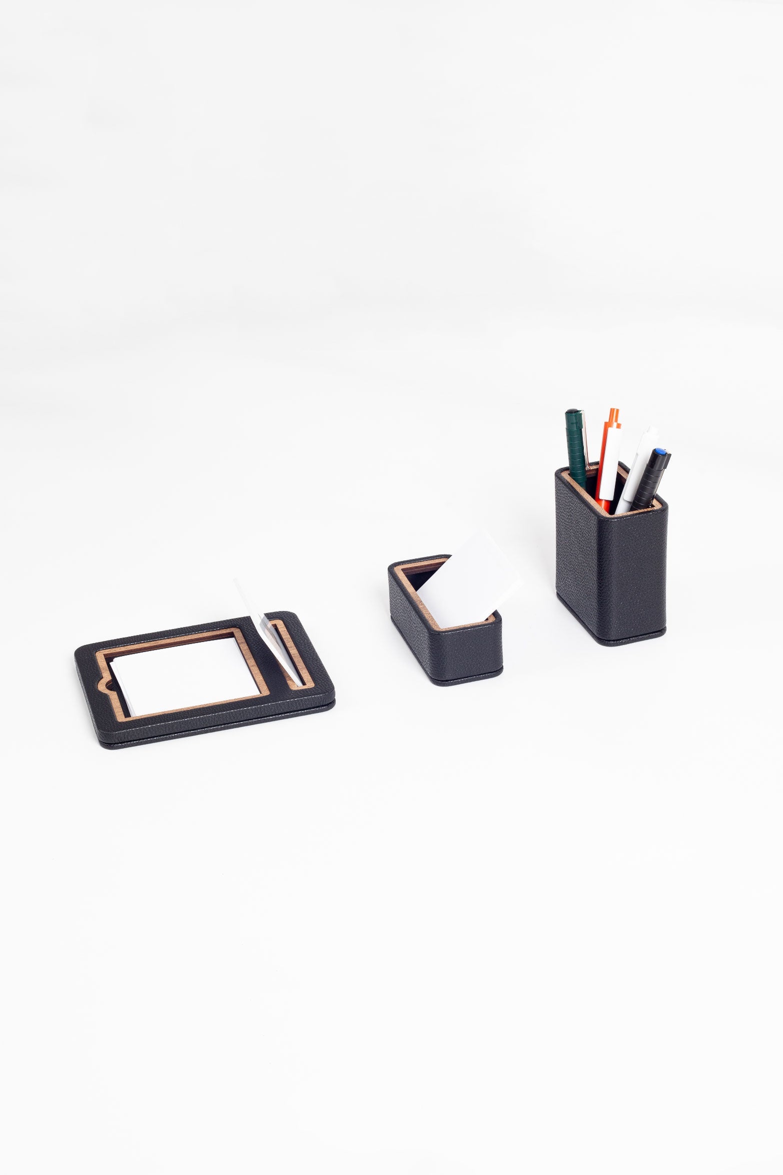 Capella Leather Desktop Set Black 3 Pcs. Wooden Detailed