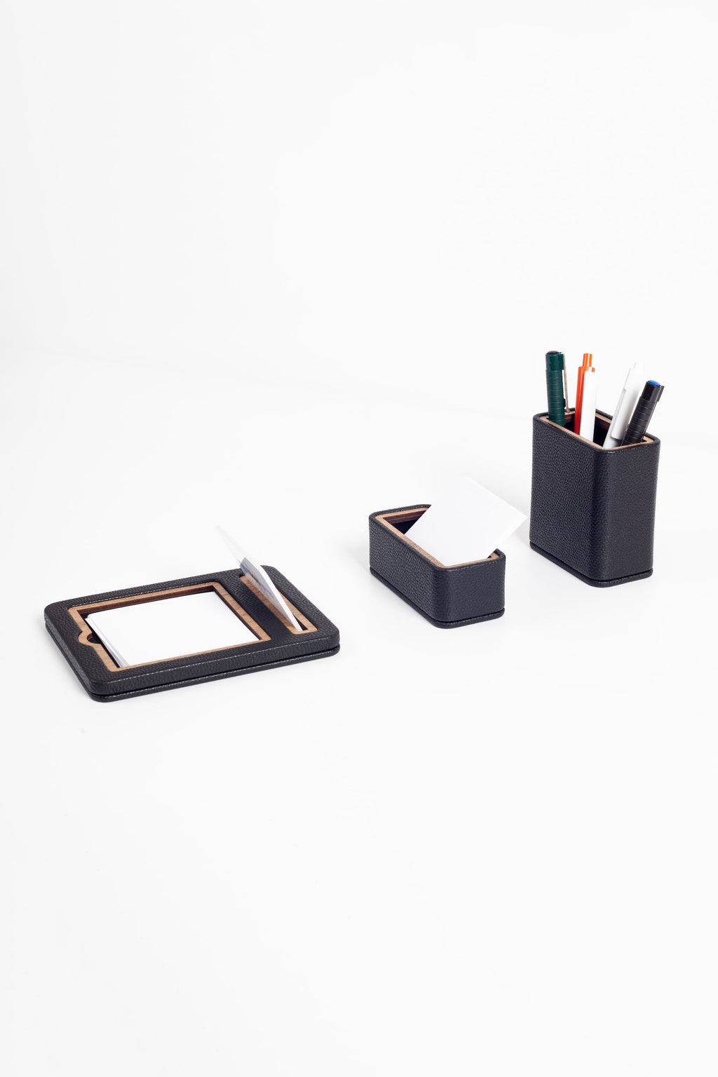 Capella Leather Desktop Set Black 3 Pcs. Wooden Detailed