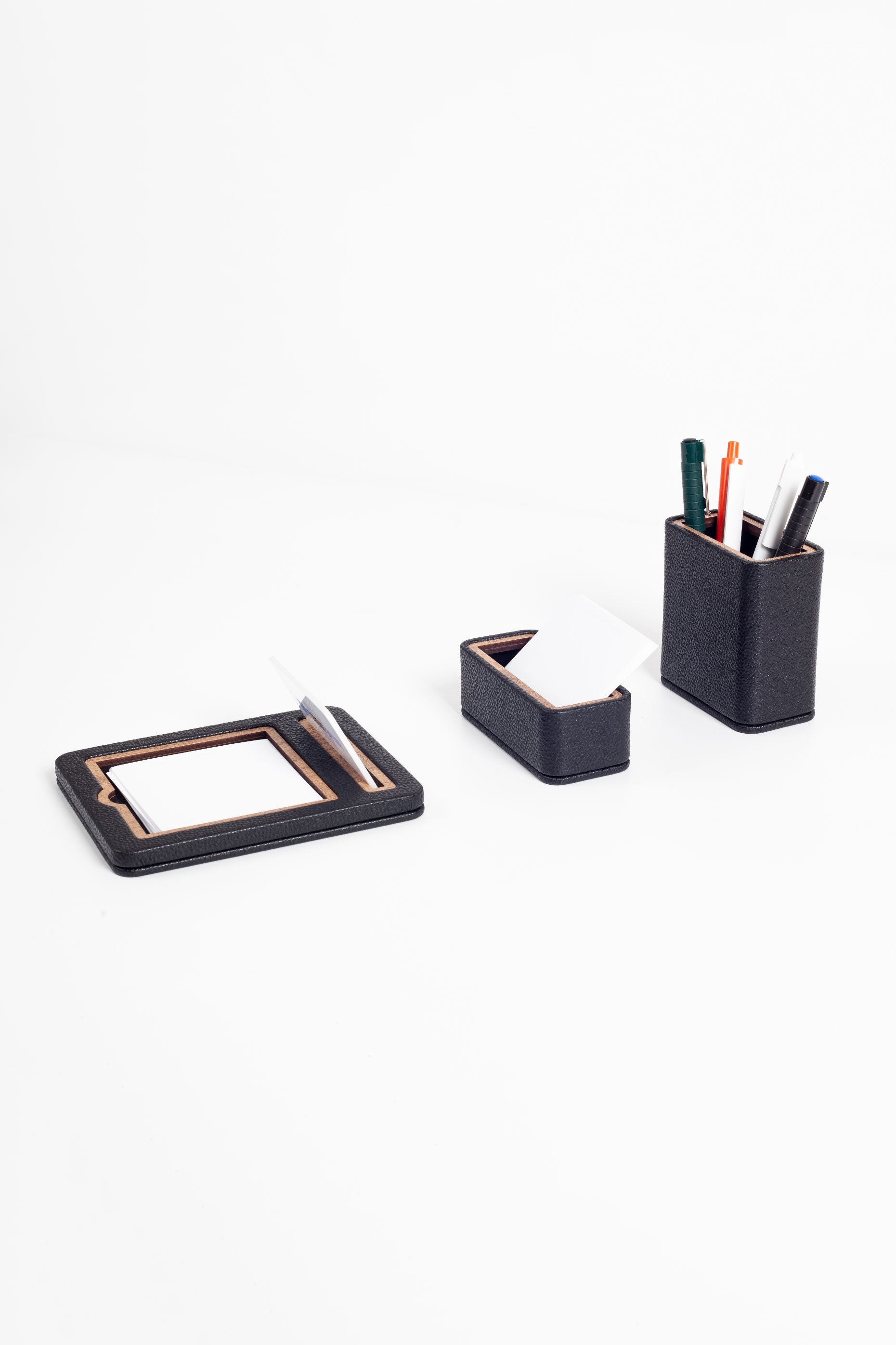 Capella Leather Desktop Set Black 3 Pcs. Wooden Detailed