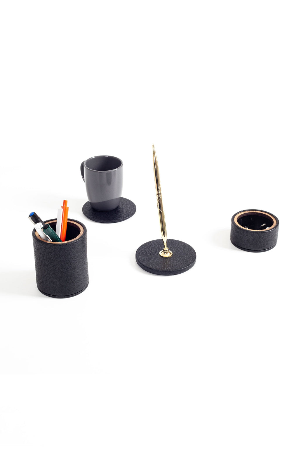 Polo Leather Desktop Set 4 Pieces Wooden Detailed With Gold Pen