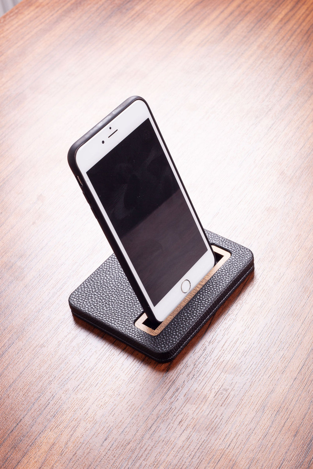 Leather Phone Holder Wooden Detail