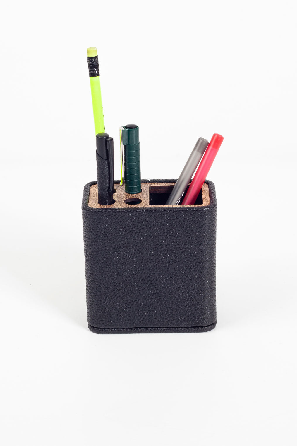 Desktop Leather Wood Detailed Pen Holder Black