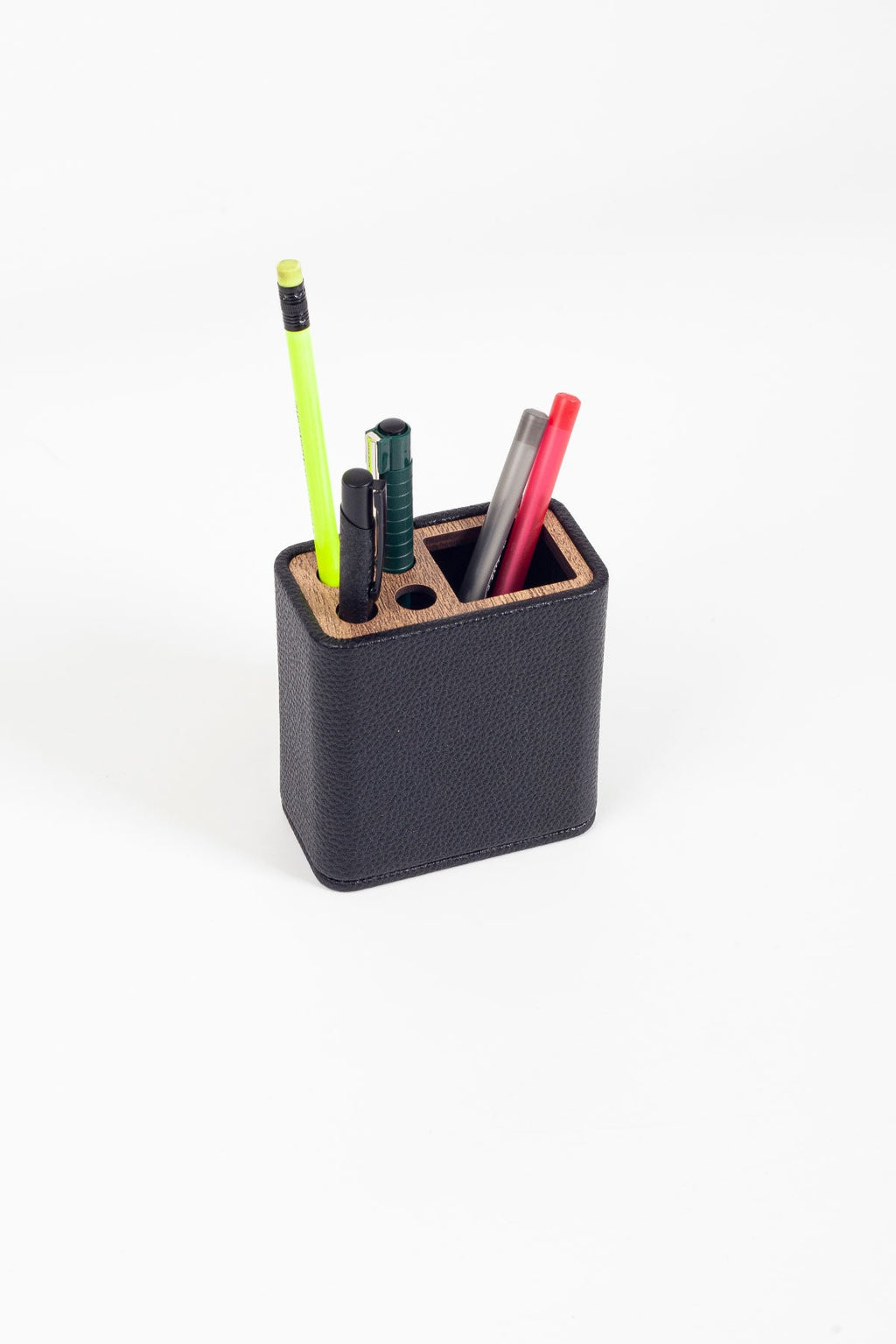 Desktop Leather Wood Detailed Pen Holder Black