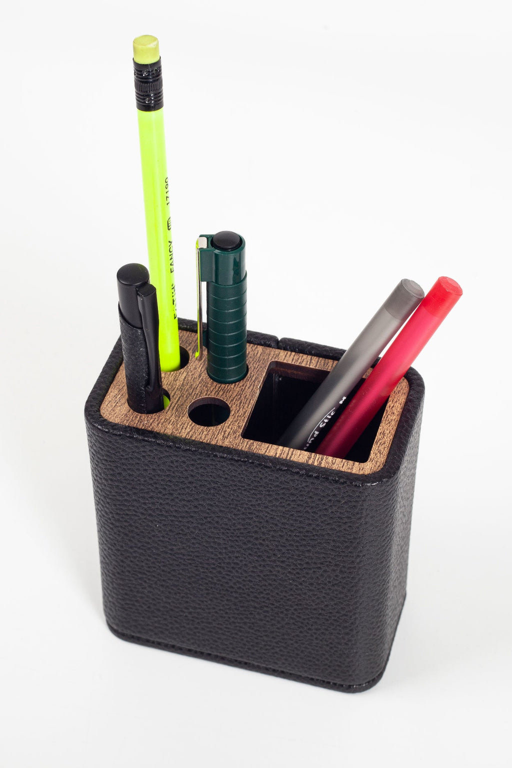 Desktop Leather Wood Detailed Pen Holder Black