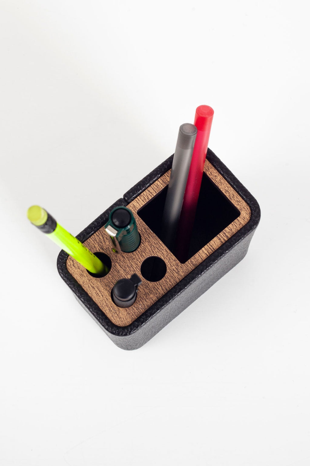Desktop Leather Wood Detailed Pen Holder Black