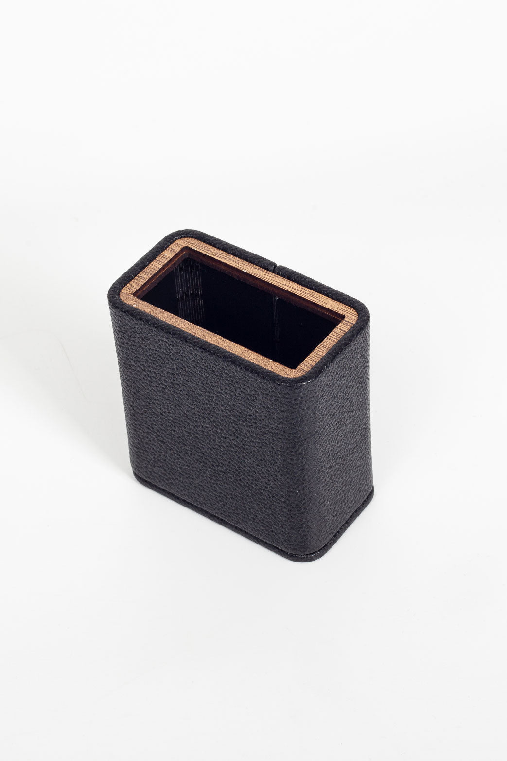 Desktop Leather Wood Detailed Pencil Holder Black