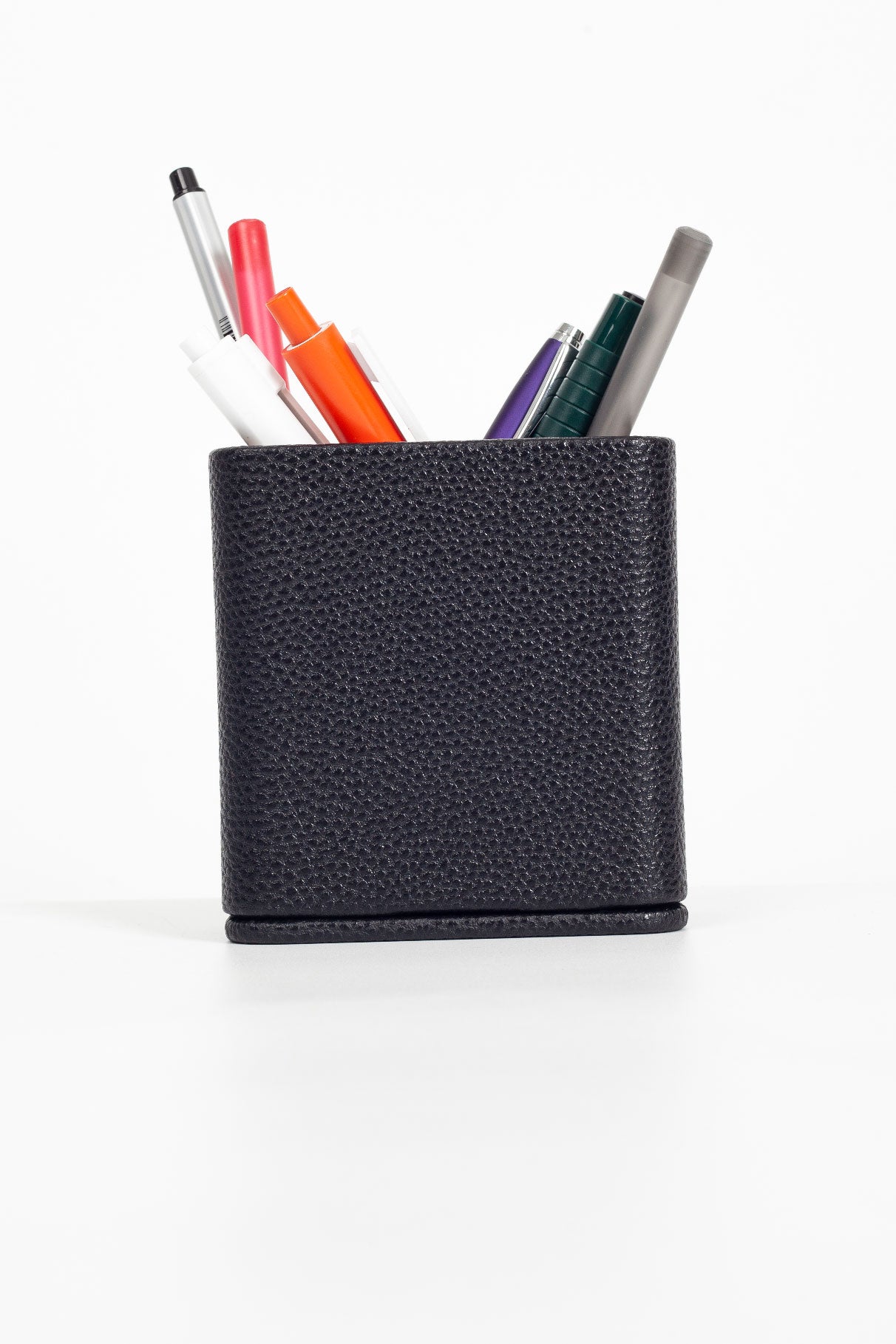 Desktop Leather Wood Detailed Pencil Holder Black