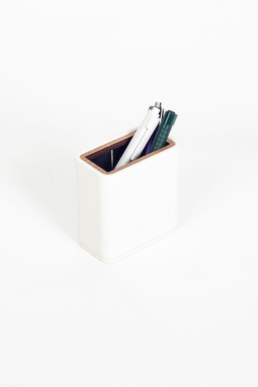 Desktop Leather Wood Detailed Pencil Holder White