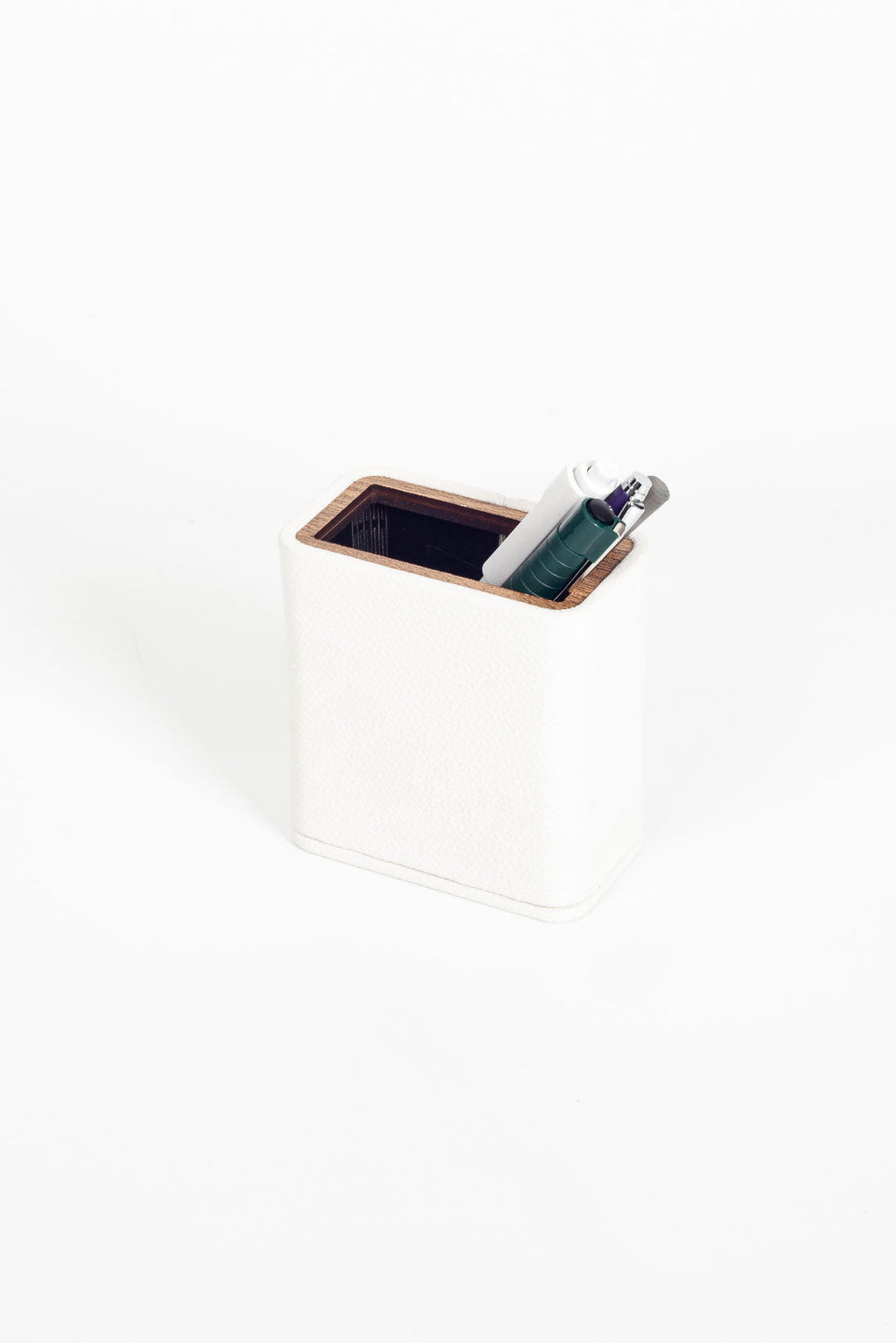 Desktop Leather Wood Detailed Pencil Holder White