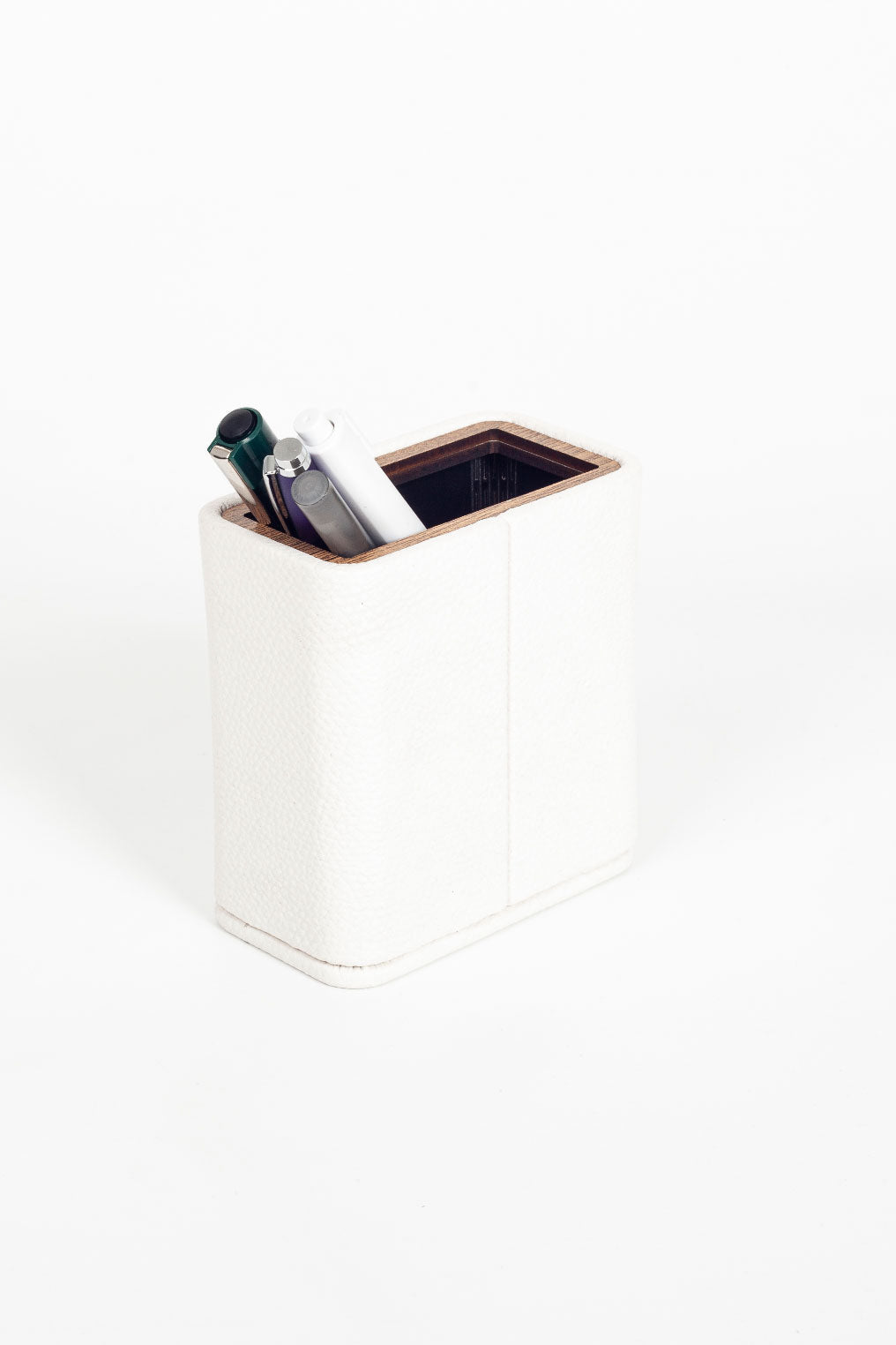Desktop Leather Wood Detailed Pencil Holder White