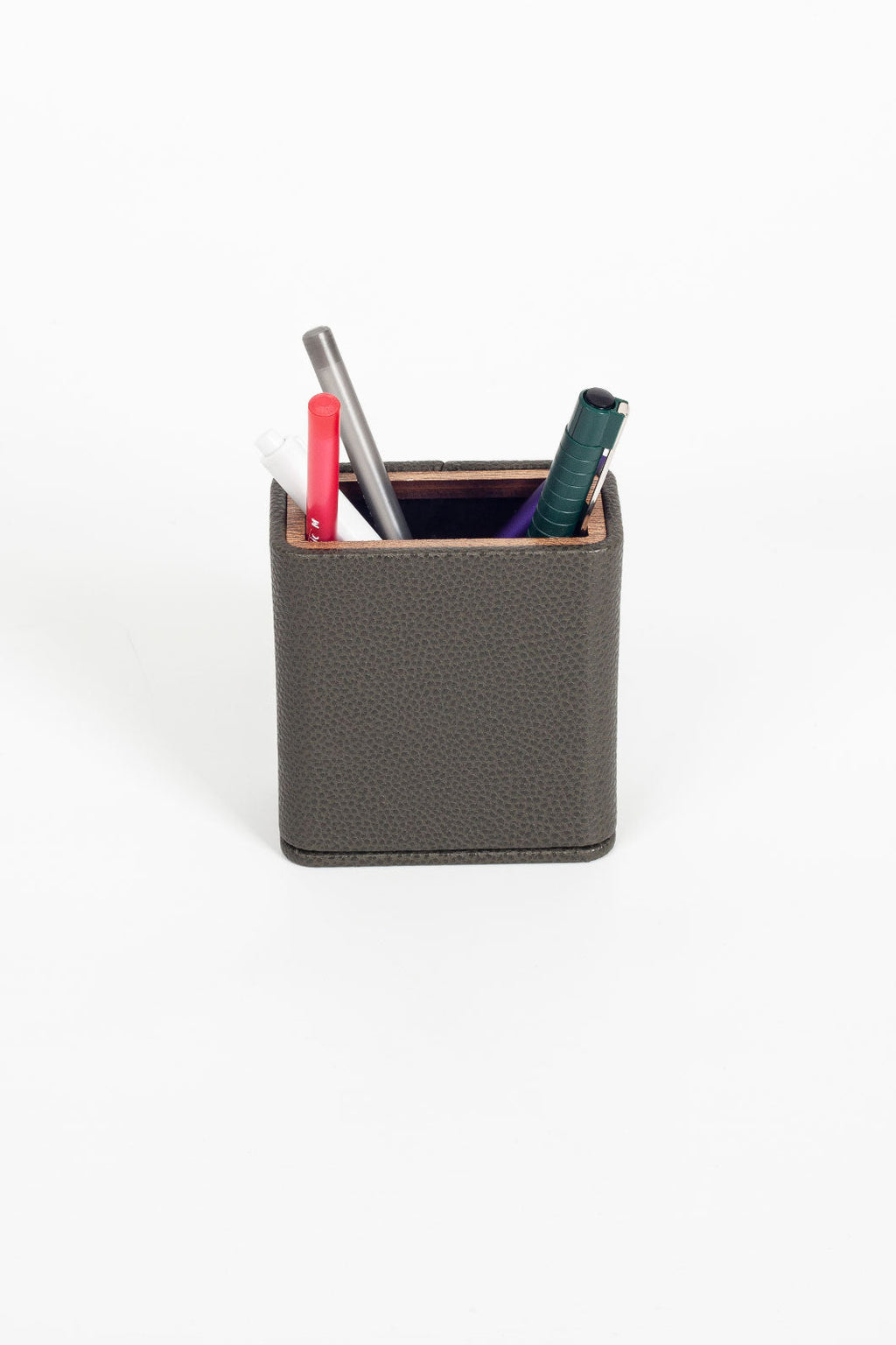 Desktop Leather Wood Detailed Pencil Holder Khaki Green