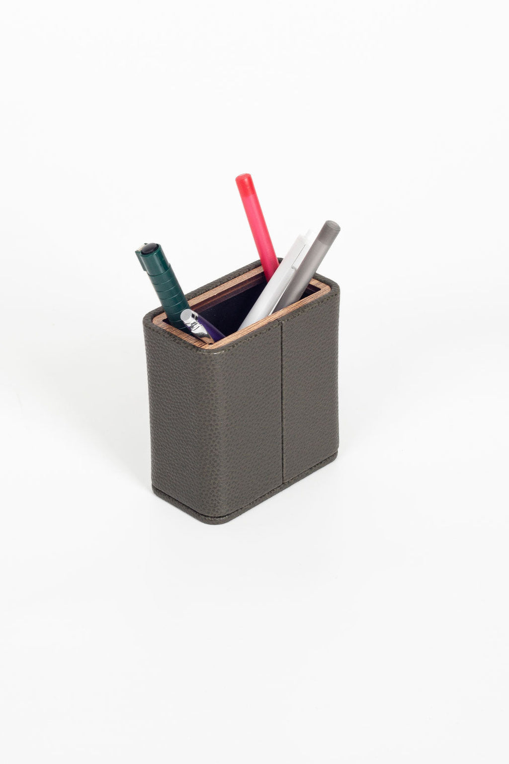 Desktop Leather Wood Detailed Pencil Holder Khaki Green