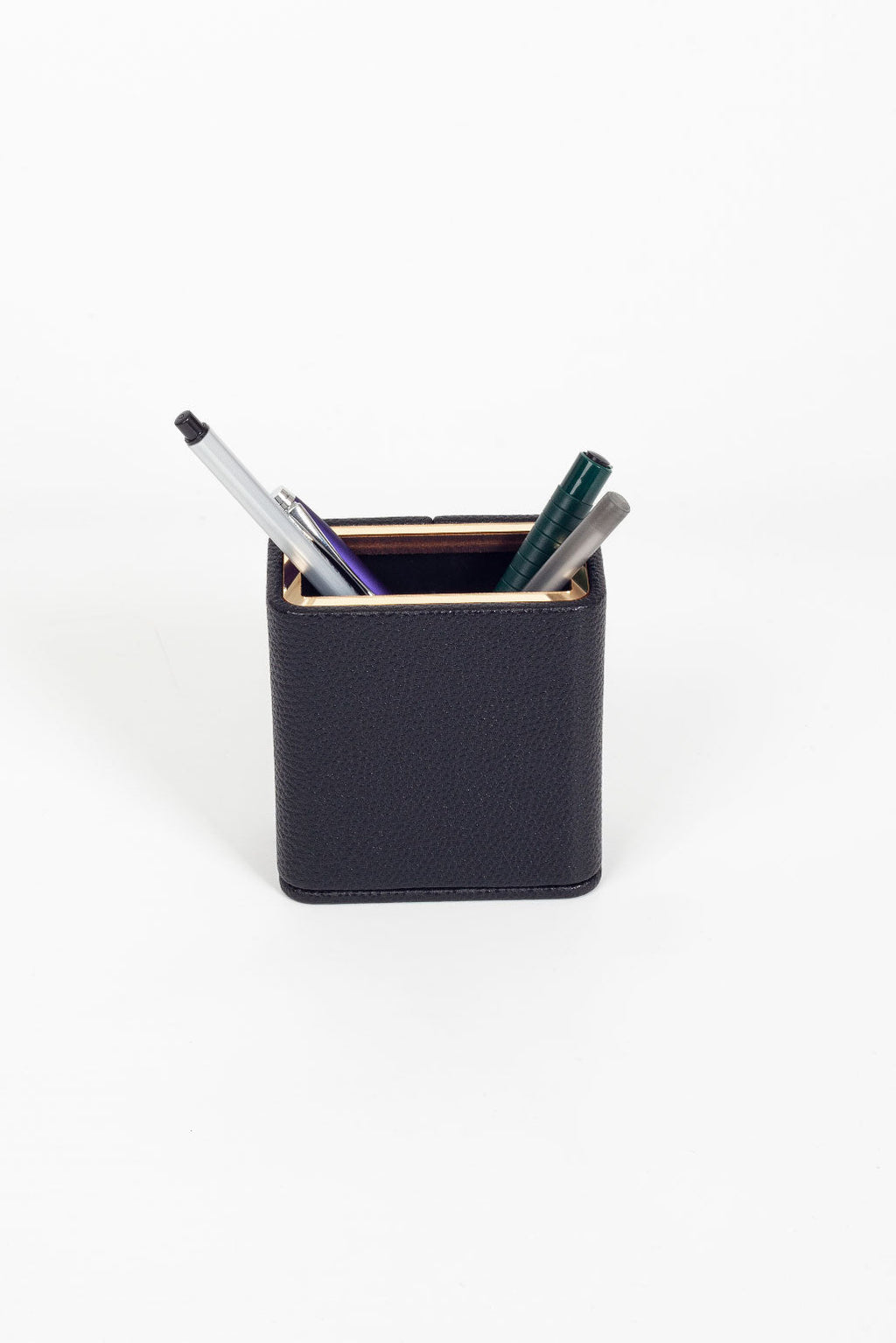 Desktop Leather Gold Detailed Pen Holder Black