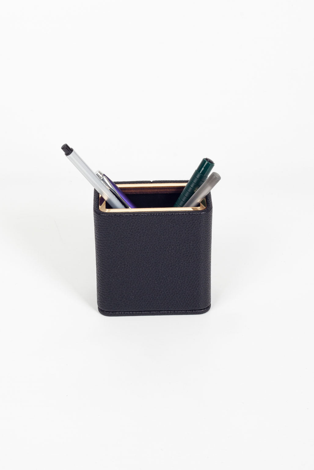 Desktop Leather Gold Detailed Pen Holder Black