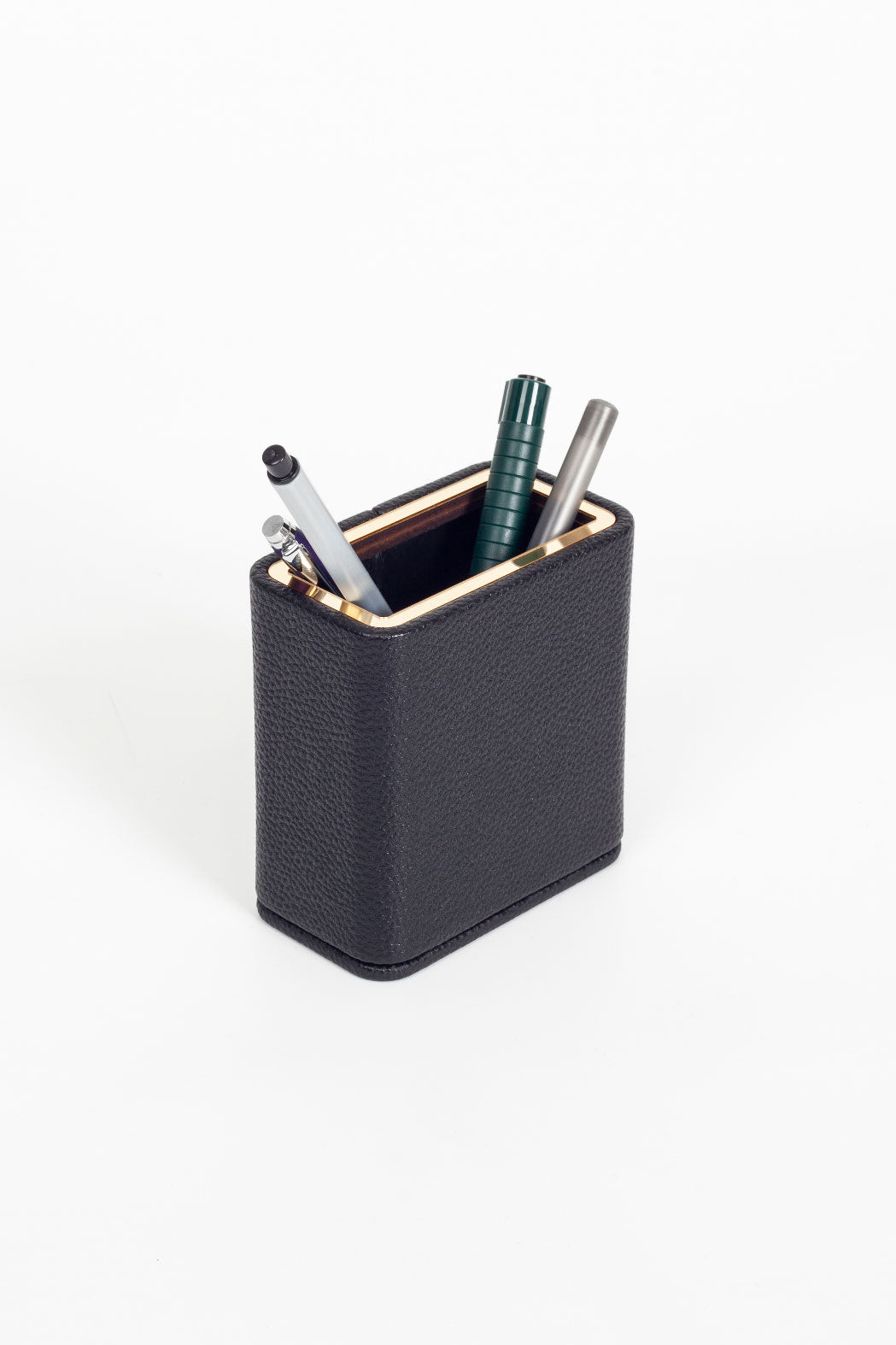 Desktop Leather Gold Detailed Pen Holder Black
