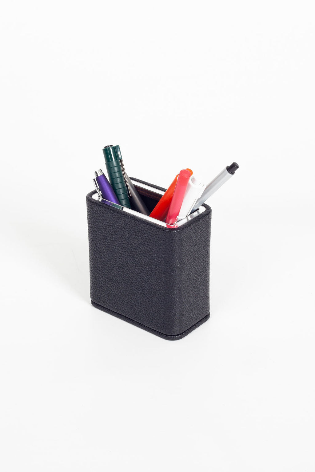 Desktop Leather Chrome Detailed Pencil Holder Black