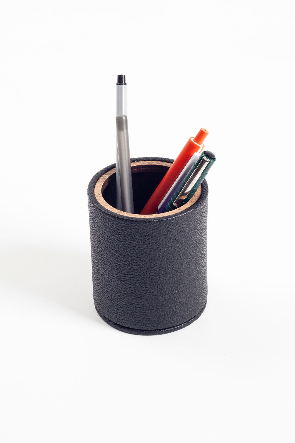 Desktop Leather Oval Wooden Detailed Pencil Holder Black