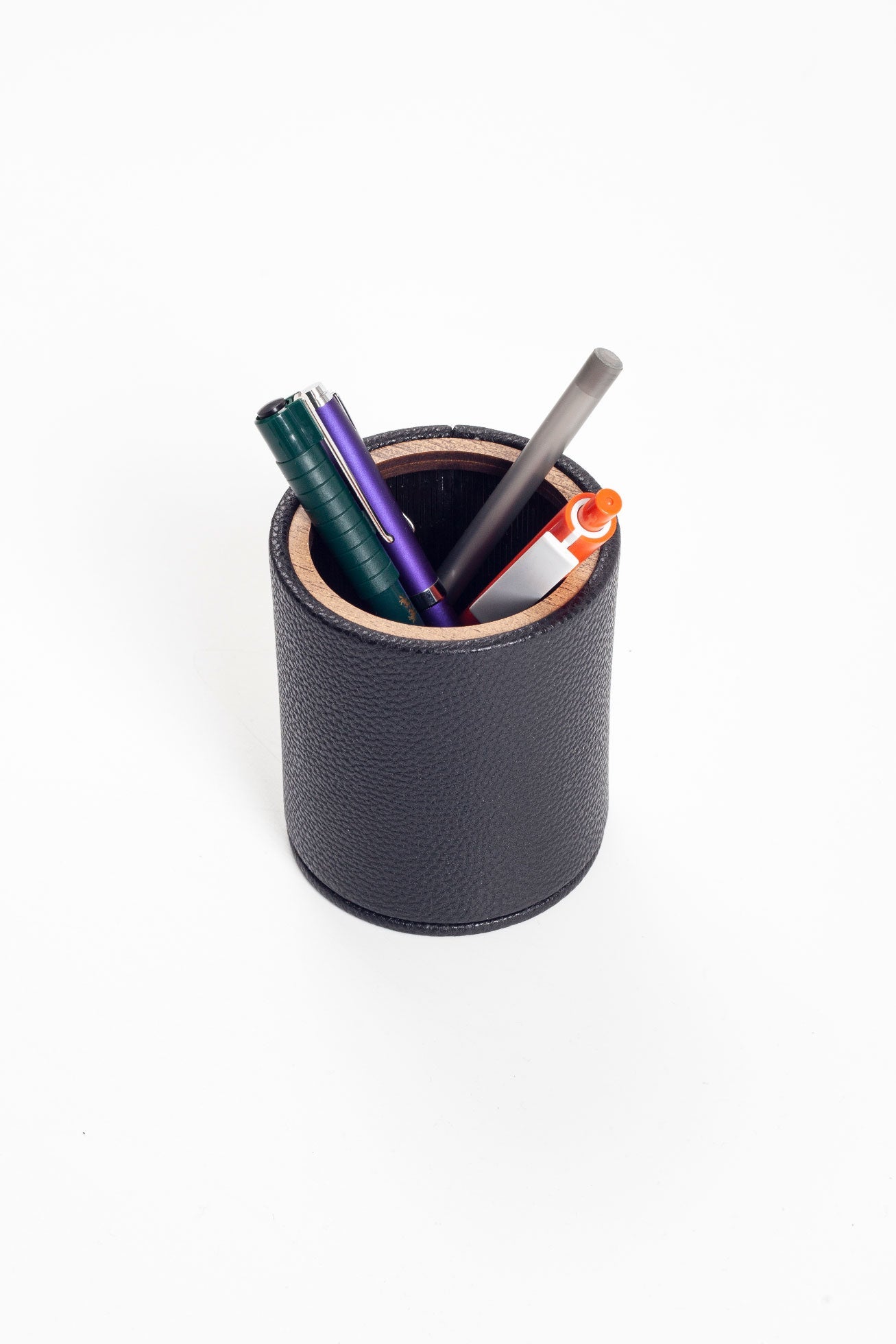 Desktop Leather Oval Wooden Detailed Pencil Holder Black
