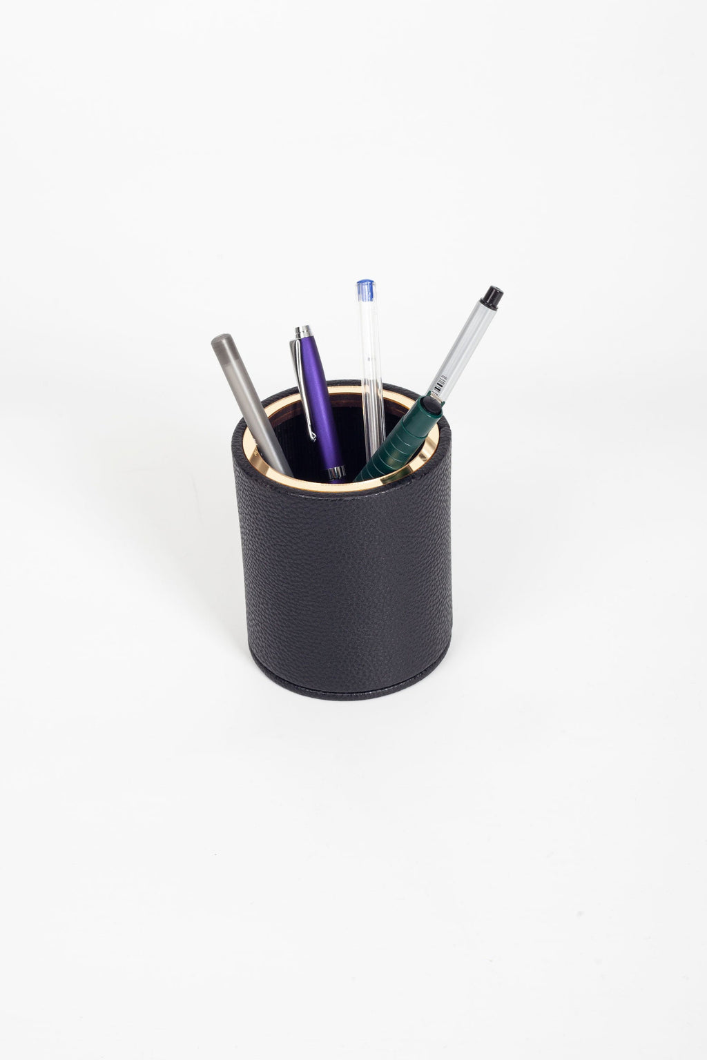 Desktop Leather Oval Gold Detailed Pencil Holder Black