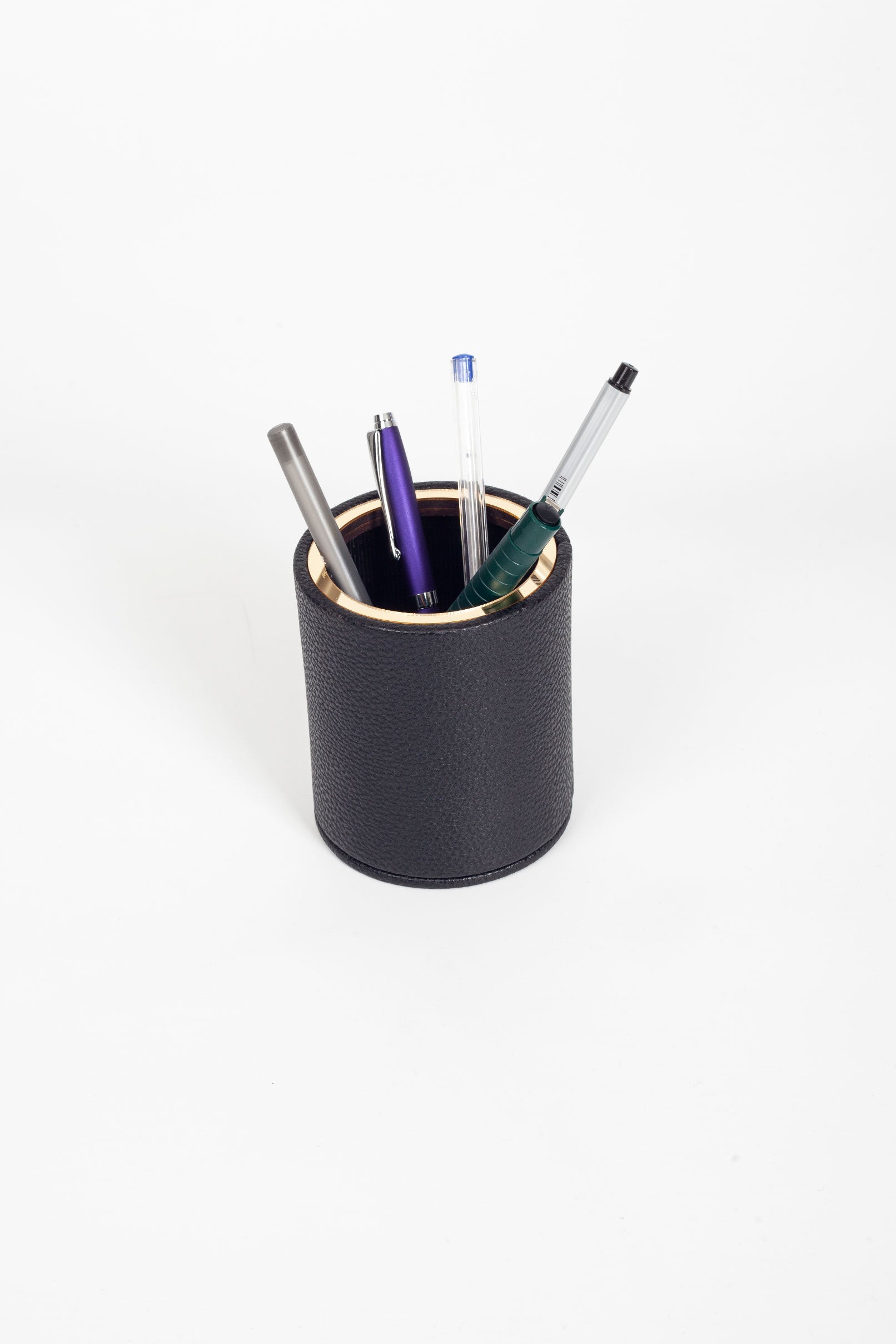 Desktop Leather Oval Gold Detailed Pencil Holder Black