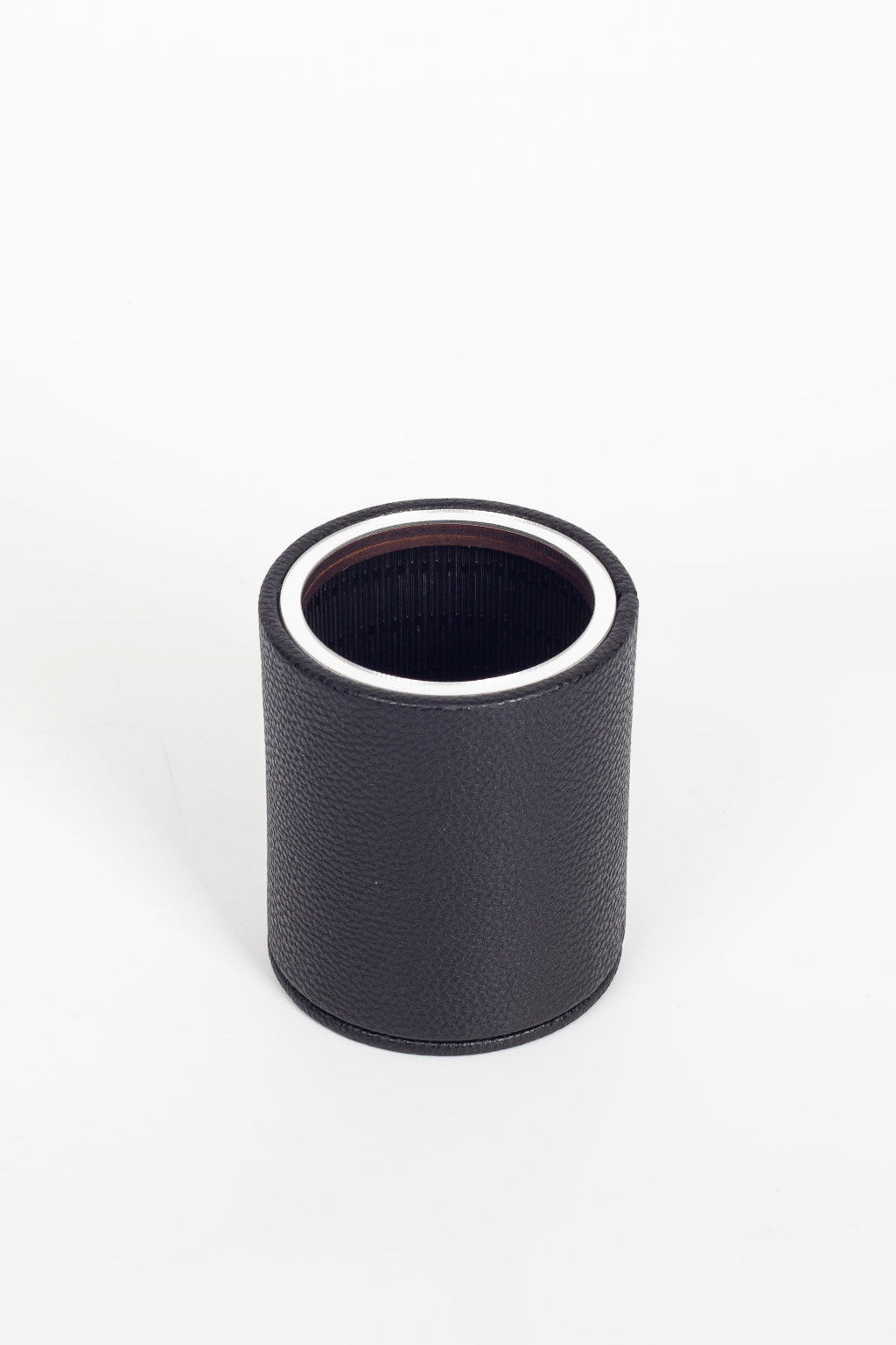 Desktop Leather Oval Chrome Detailed Pencil Holder Black