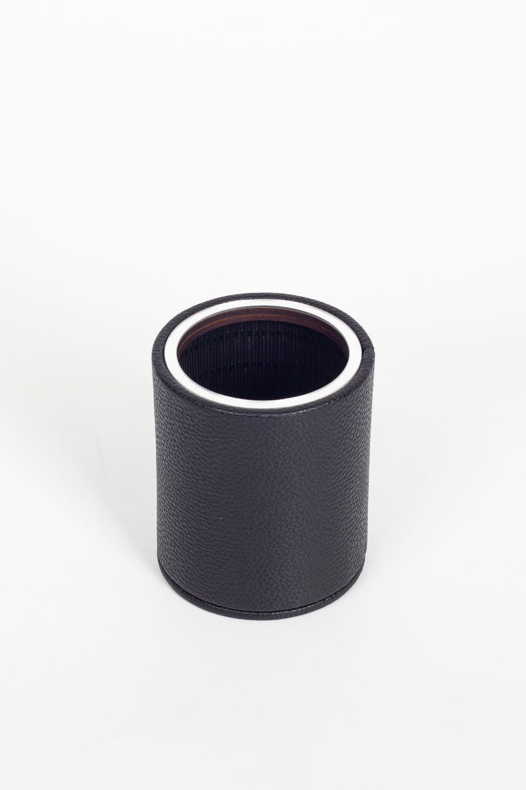 Desktop Leather Oval Chrome Detailed Pencil Holder Black