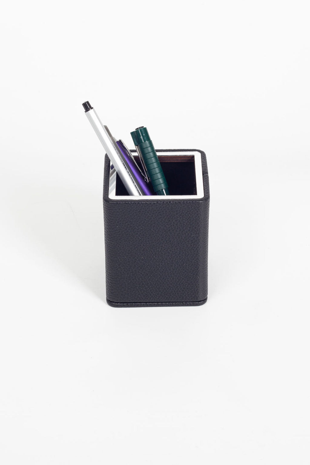 Desktop Square Chrome Detailed Pencil Holder Black