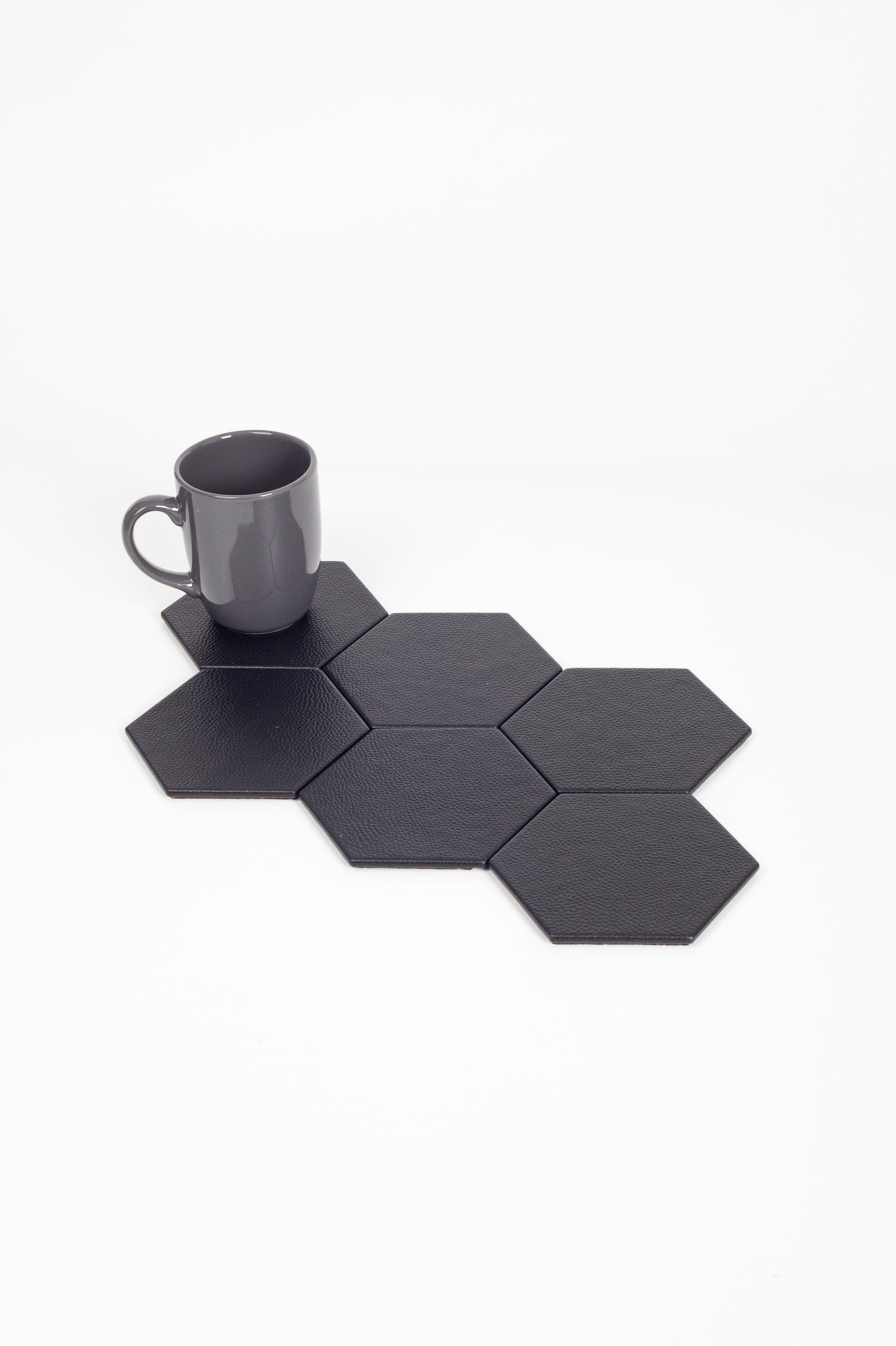 Leather Hexagonal Coaster Black 6 Pcs