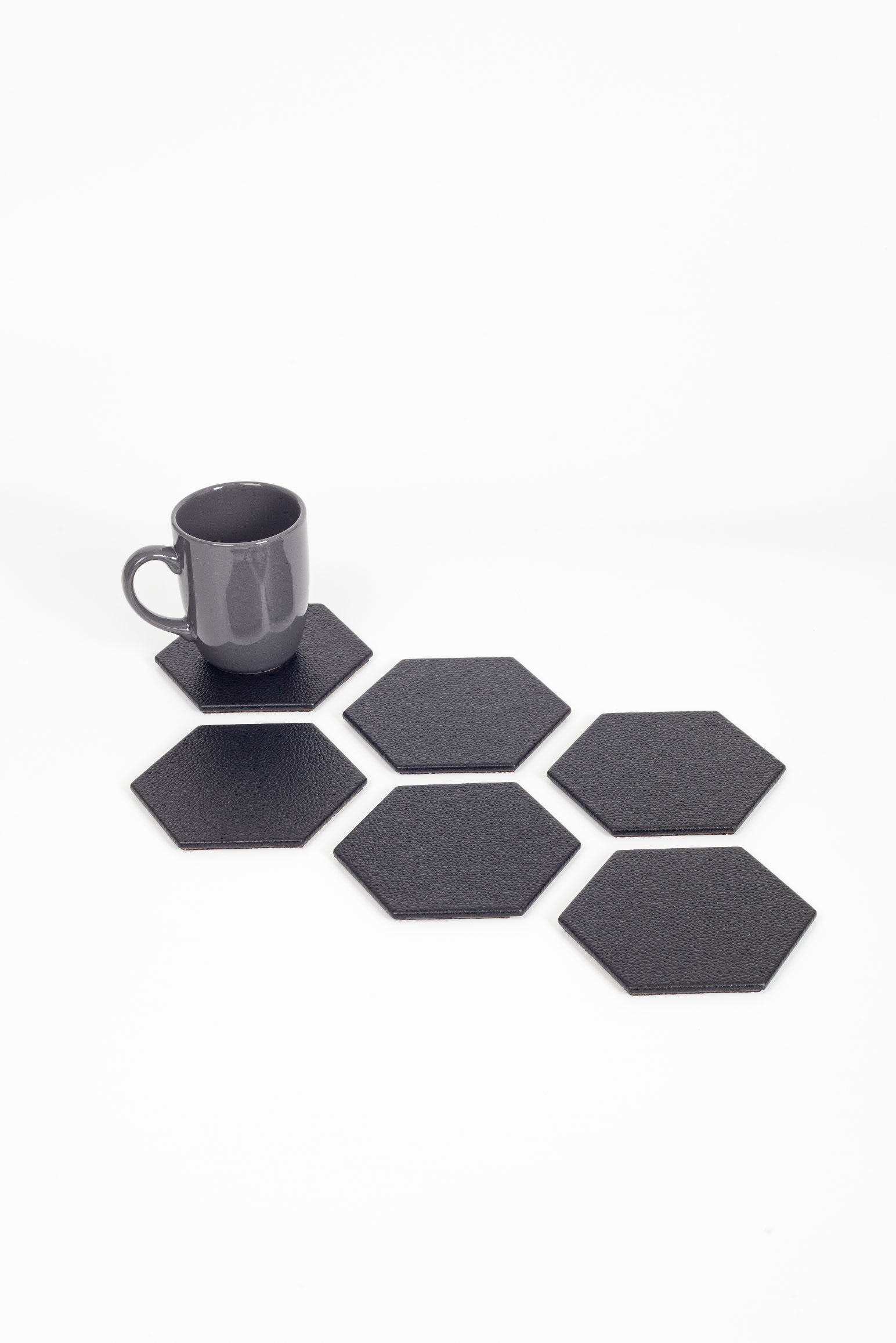 Leather Hexagonal Coaster Black 6 Pcs