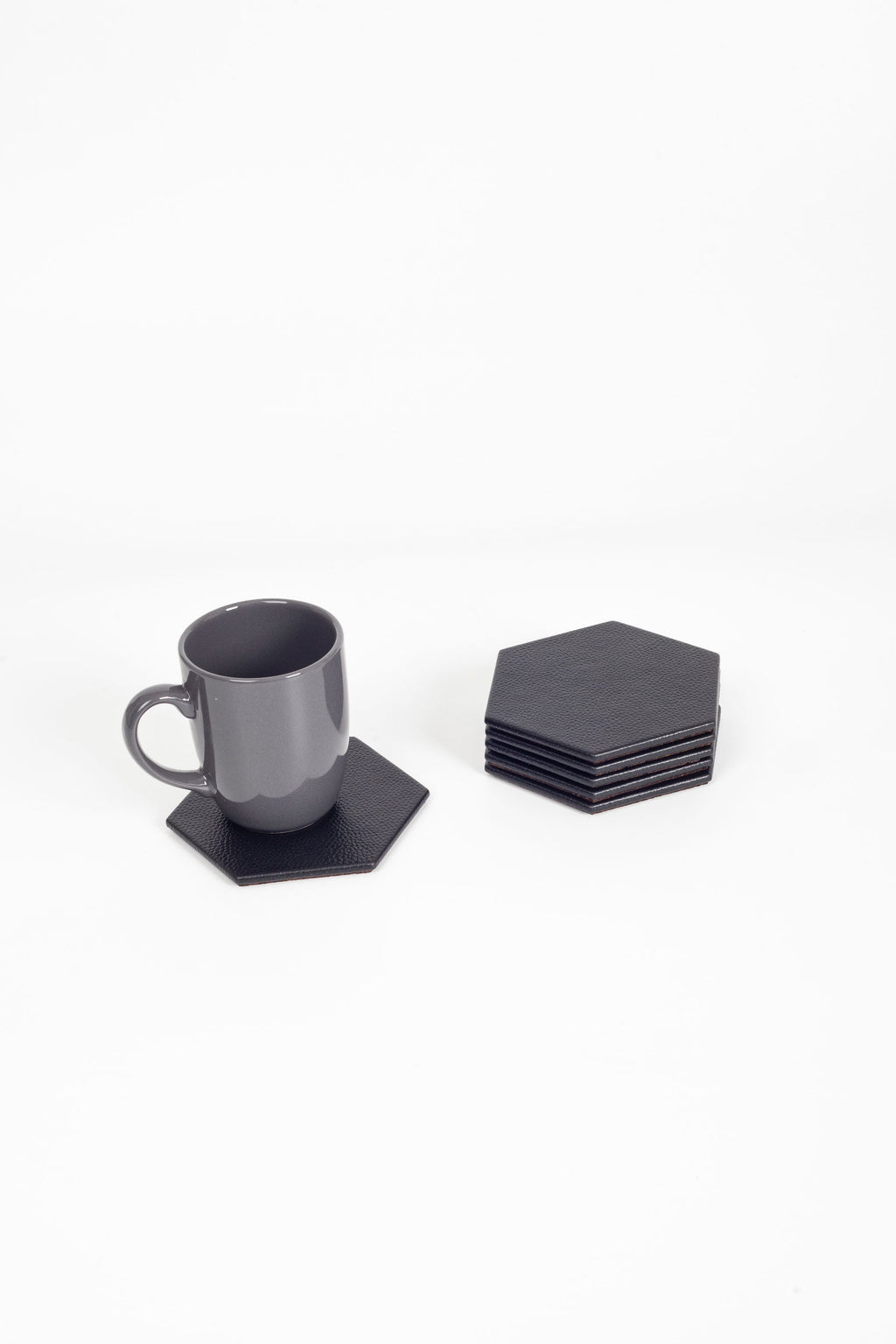 Leather Hexagonal Coaster Black 6 Pcs