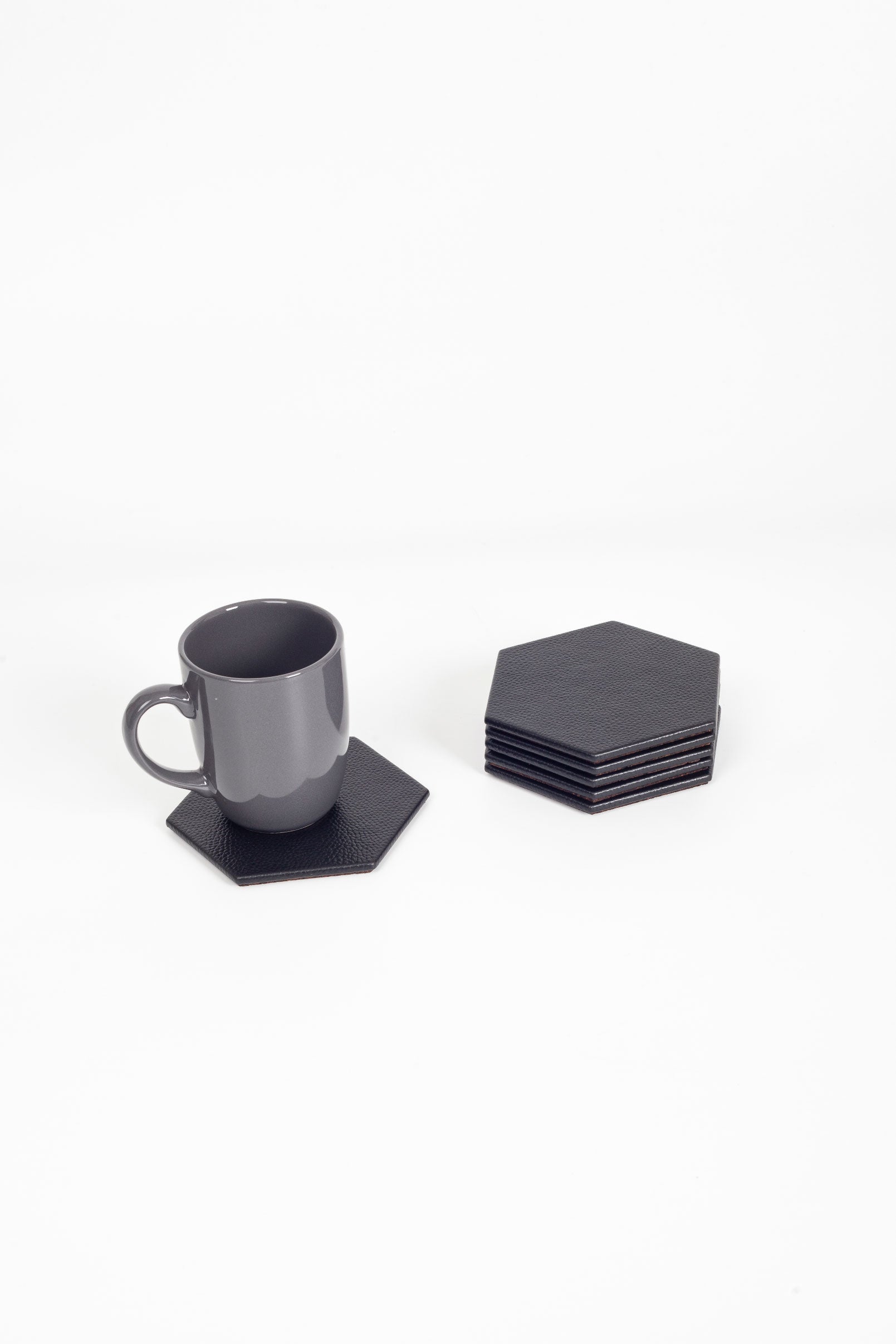 Leather Hexagonal Coaster Black 6 Pcs
