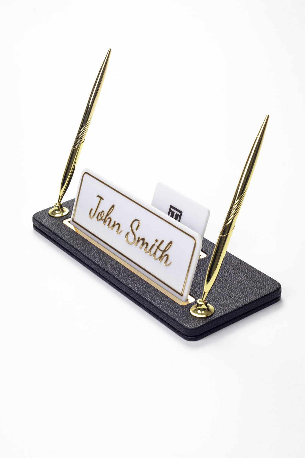 Leather Desk Name Holder with Two Pens Black Gold Detailed