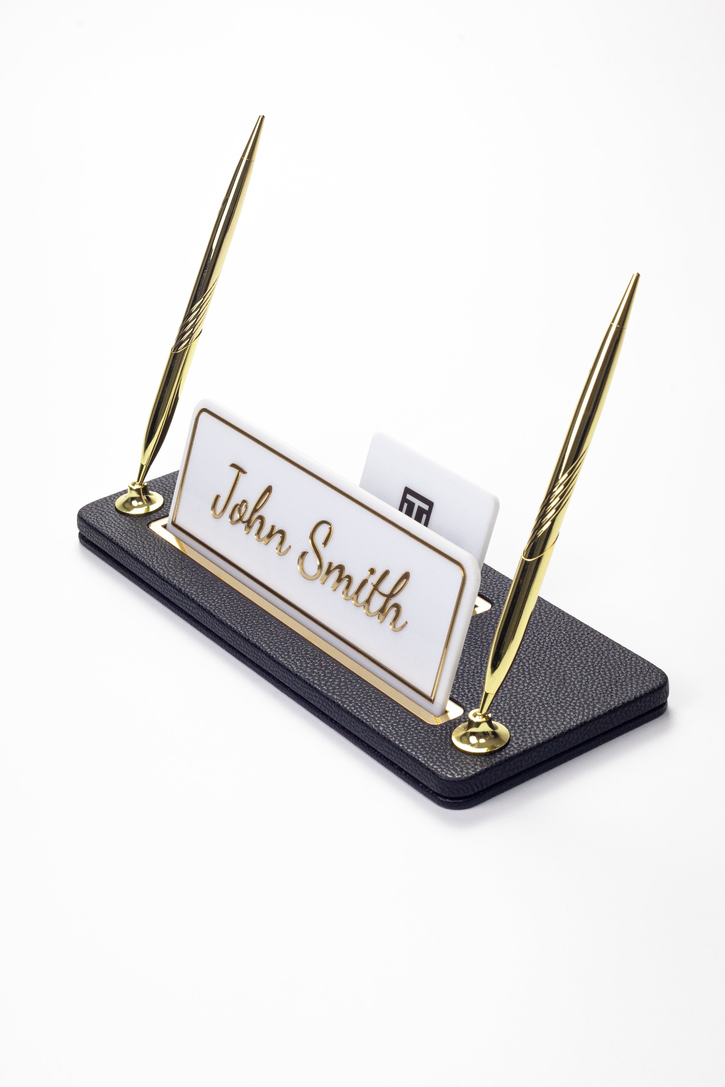Leather Desk Name Holder with Two Pens Black Gold Detailed